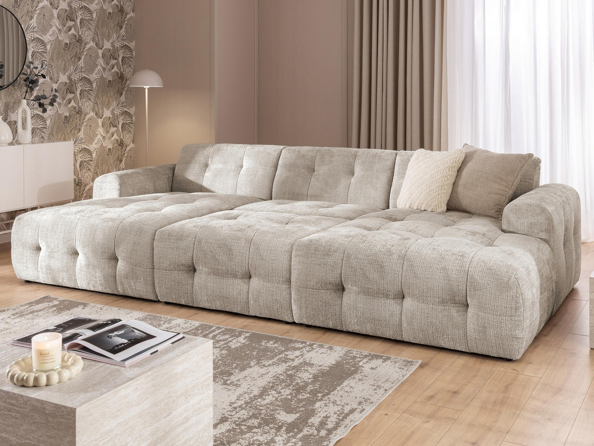 WOHNLANDSCHAFT inkl. Hocker Kozy im Bumpy-Design mit Schlaffunktion und fester Rückenlehne aus weichem Dunkelbeige Chenille-Stoff - Beige/Schwarz, Holz/Kunststoff (323/79/161cm) - S-Style Möbel