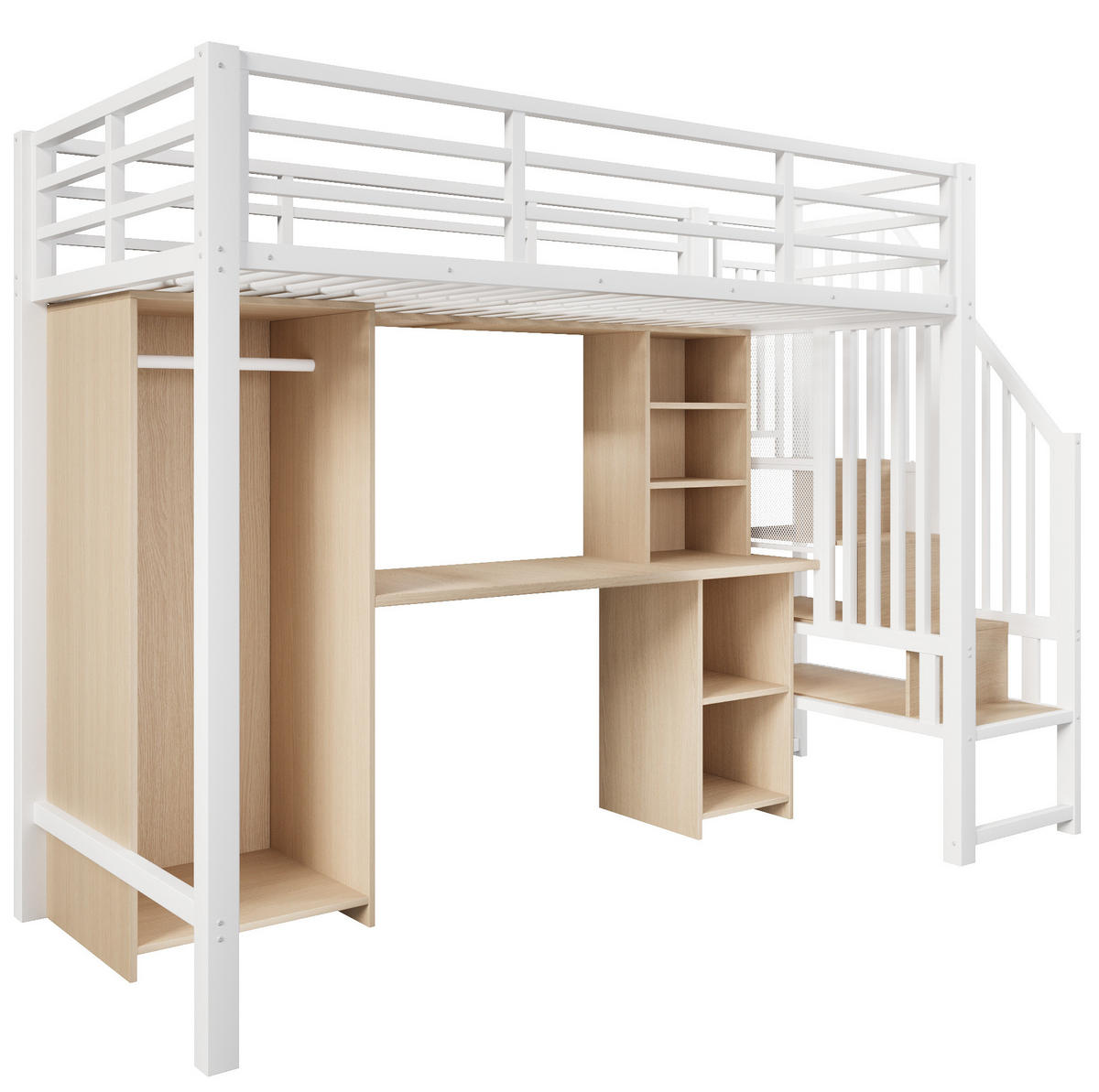 HOCHBETT 90/200 cm in Weiß – mit Schreibtisch, Kleiderschrank und Stauraum - Weiß, Metall (90/200cm) - BEAOK