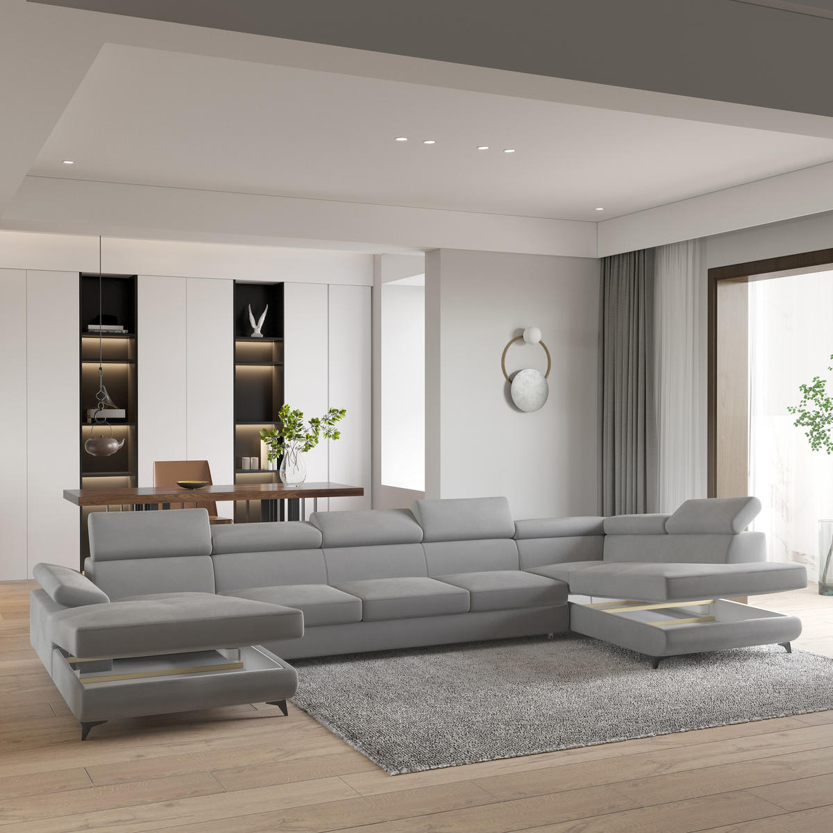 WOHNLANDSCHAFT MONTIVA Gelb Velours-Stoff mit Schlaffunktion - Gelb, Holz (410/89/190cm) - MASSENO