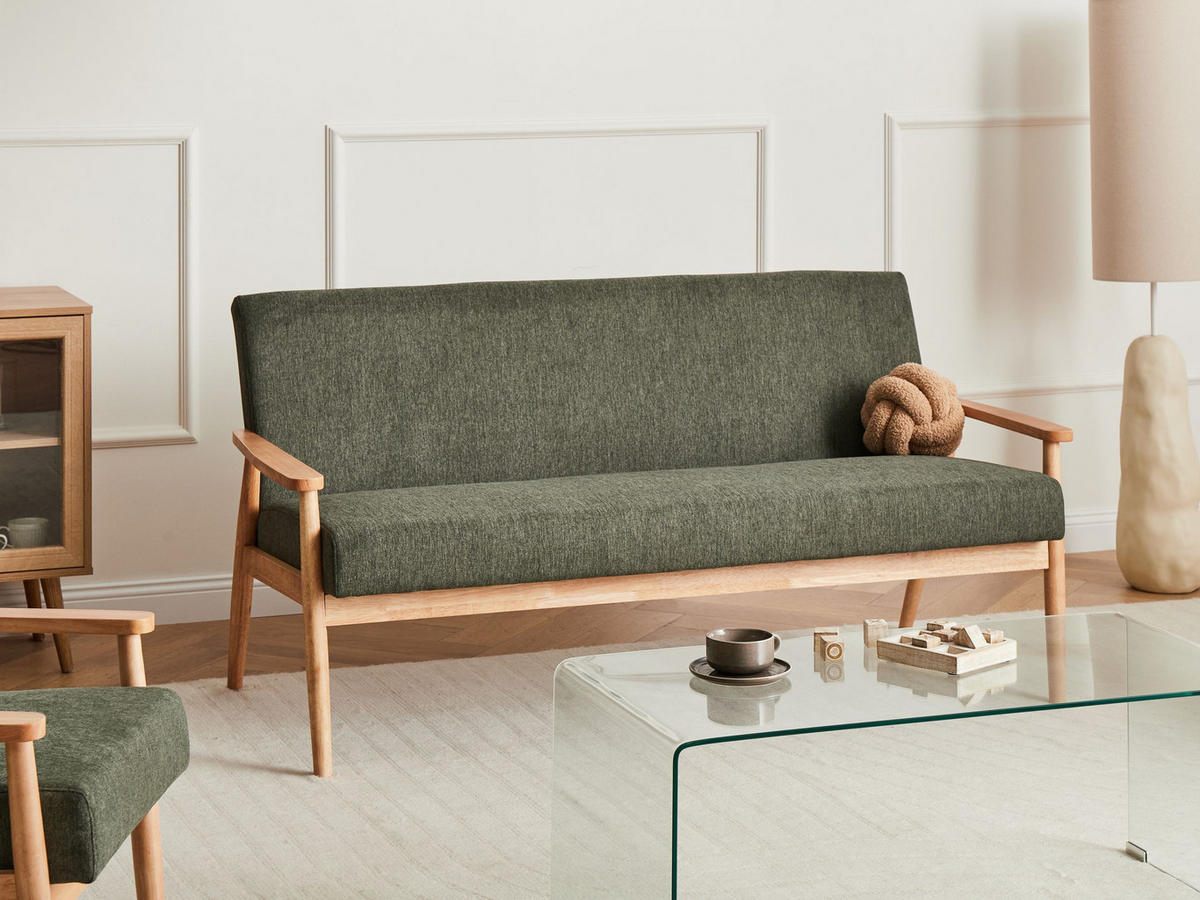 SOFA 3-Sitzer Hellbraun/Grün Esrum - Hellbraun/Grün, Holz/Textil (151/79/72cm) - Beliani