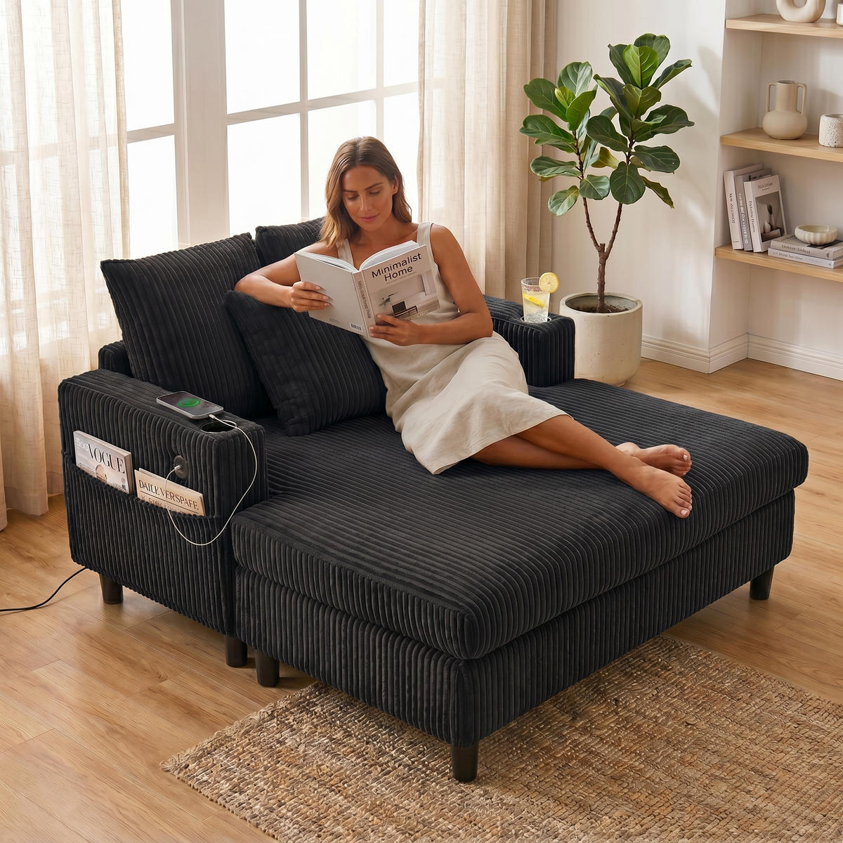 RELAXLIEGE XXL Polsterliege,Relaxsessel,3 Zierkissen,Cord,Schwarz - Schwarz, Textil (128/85/142cm) - LVHOM