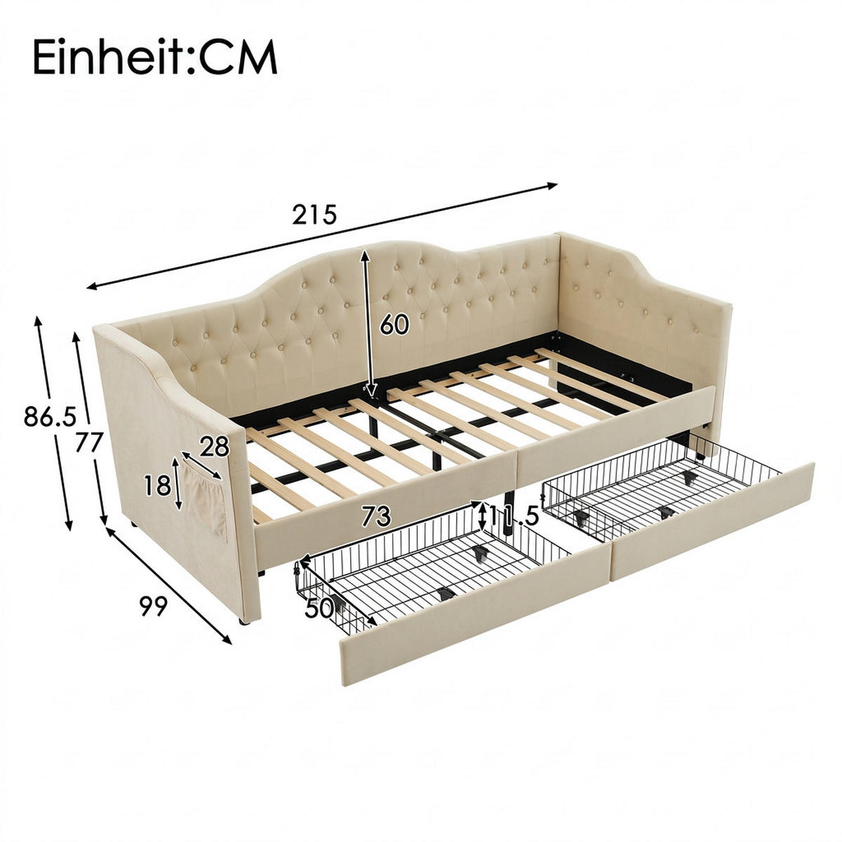 POLSTERBETT 90/200 cm Beige mit USB Type C Ladefunktion und 2 Schubladen, Ohne Matratze - Beige, Textil (90/200cm) - Oxeza