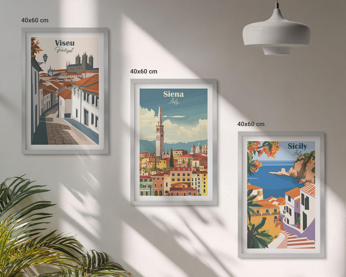 BILDER SET 3er Set - 40x60 cm Silberner Rahmen - Retro-Illustrationen von Weltstädten - Silberfarben, Kunststoff (40/60cm) - TULUP