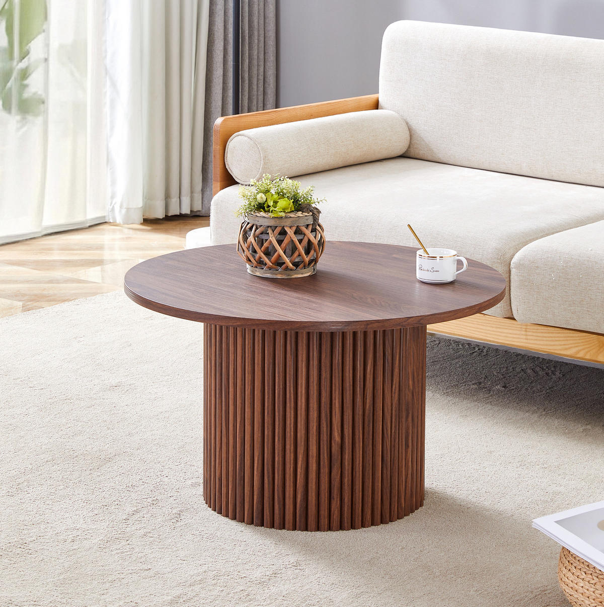 COUCHTISCH 70/70/42 cm mit runder Tischplatte, kanneliertem Sockel und Metallrahmen aus MDF, Walnussfarben - Walnussfarben, Holzwerkstoff (70/70/42cm) - Redom