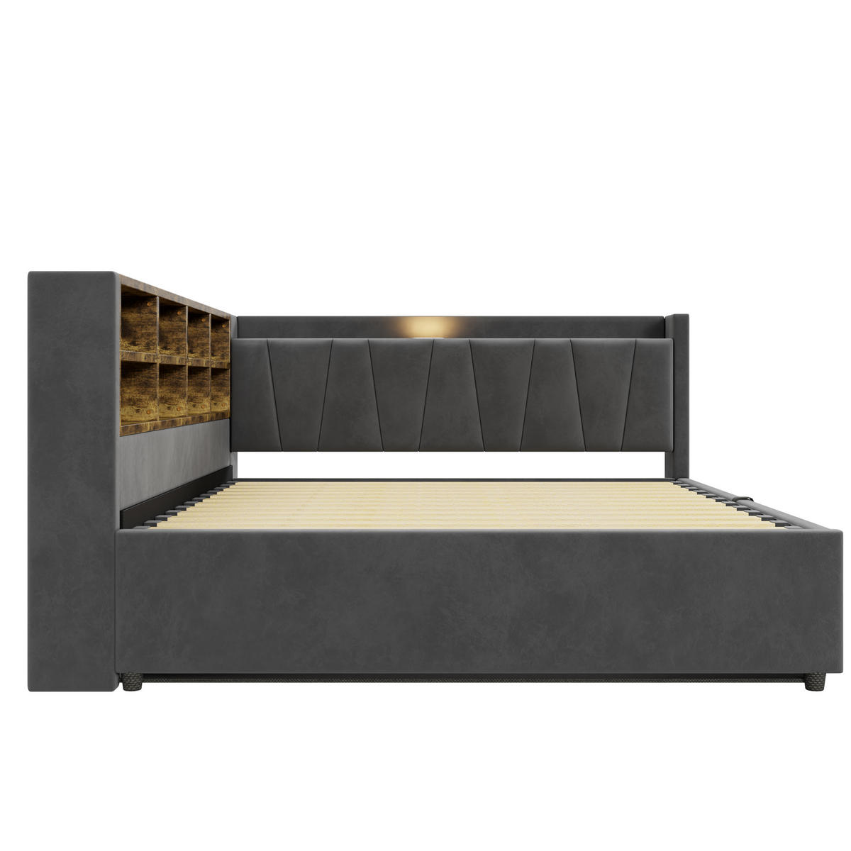 SCHLAFSOFA 140/200 cm in Dunkelgrau Samt mit Bettkasten, LED, USB, Type-C und Ablagen - Dunkelgrau, Holzwerkstoff/Textil (140/200cm) - WISHDOR