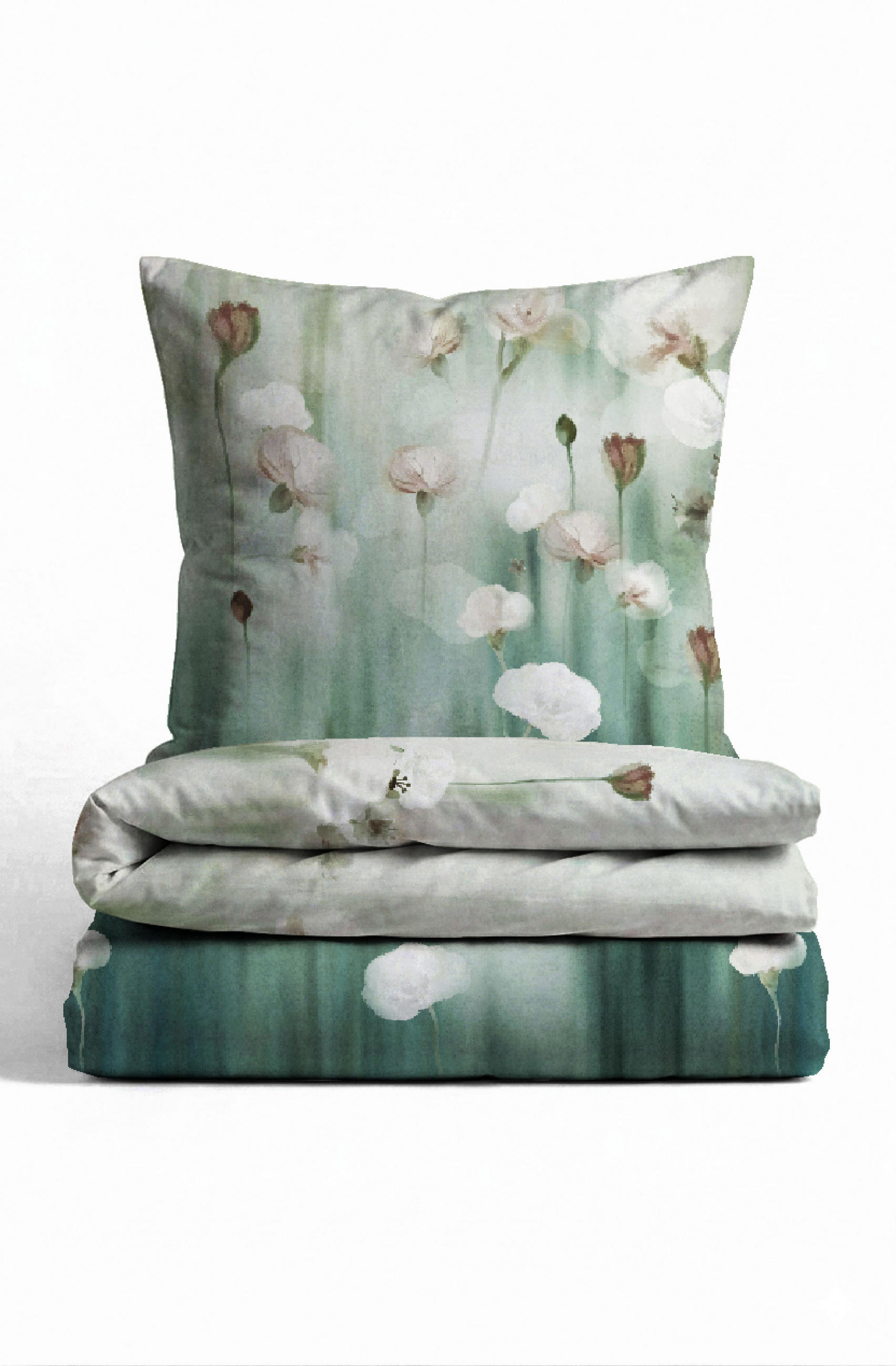 BETTWÄSCHE-GARNITUR Premium Biber Aquarellblumen salbei, 135x200 cm + 80x80 cm - Salbeigrün, Textil (135/200cm) - biberna