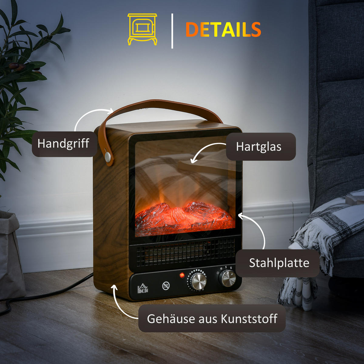 ELEKTROKAMIN mit Flammeneffekt, 750/1500W, für Wohnzimmer & Innenräume - Braun, Metall (17.5/37.4/30.3cm) - HOMCOM