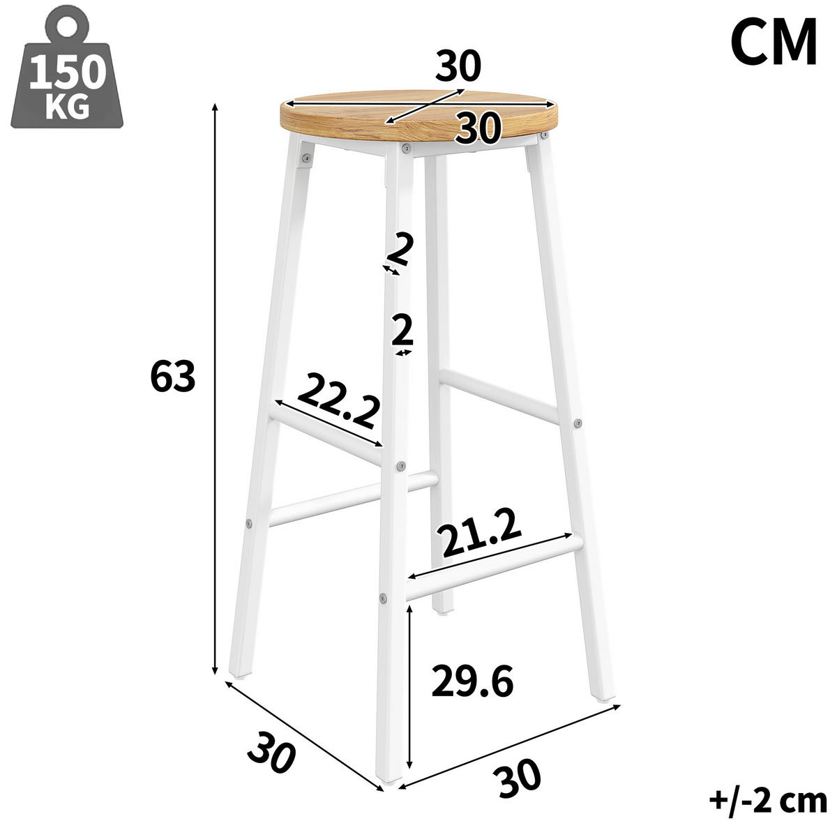 BARHOCKER 2er Set 63cm Holzoptik Sitz Weiß Metall - Weiß, Metall (30/63/30cm) - FLIEKS