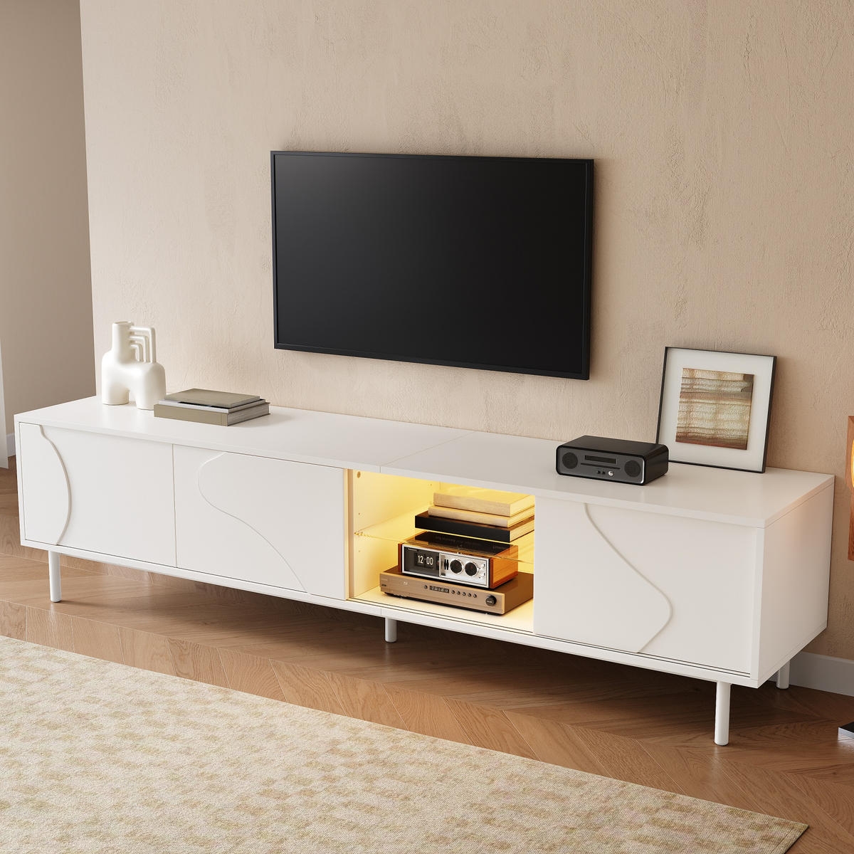 TV-ELEMENT180X40X45CM WeißLowboard mit LEDBeleuchtung und Schiebetüren - Weiß, Holz (47.5/18.01/115.01cm) - Raelunyi
