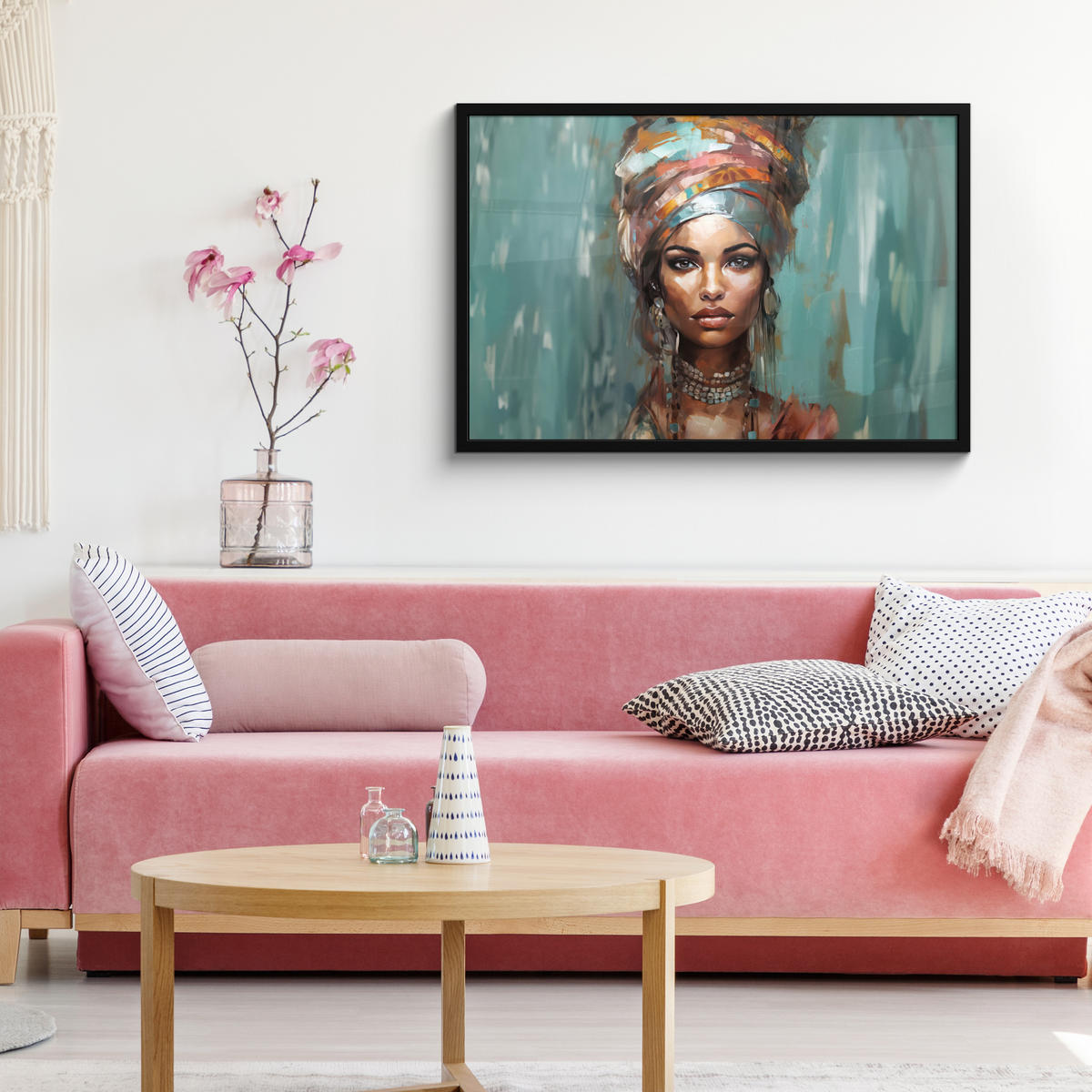 ZARÁMOVANÝ PLAGÁT Žena - Umenie - Šperky - Portrét 90x60 cm - modrosivá, papier (90/60cm) - MuchoWow