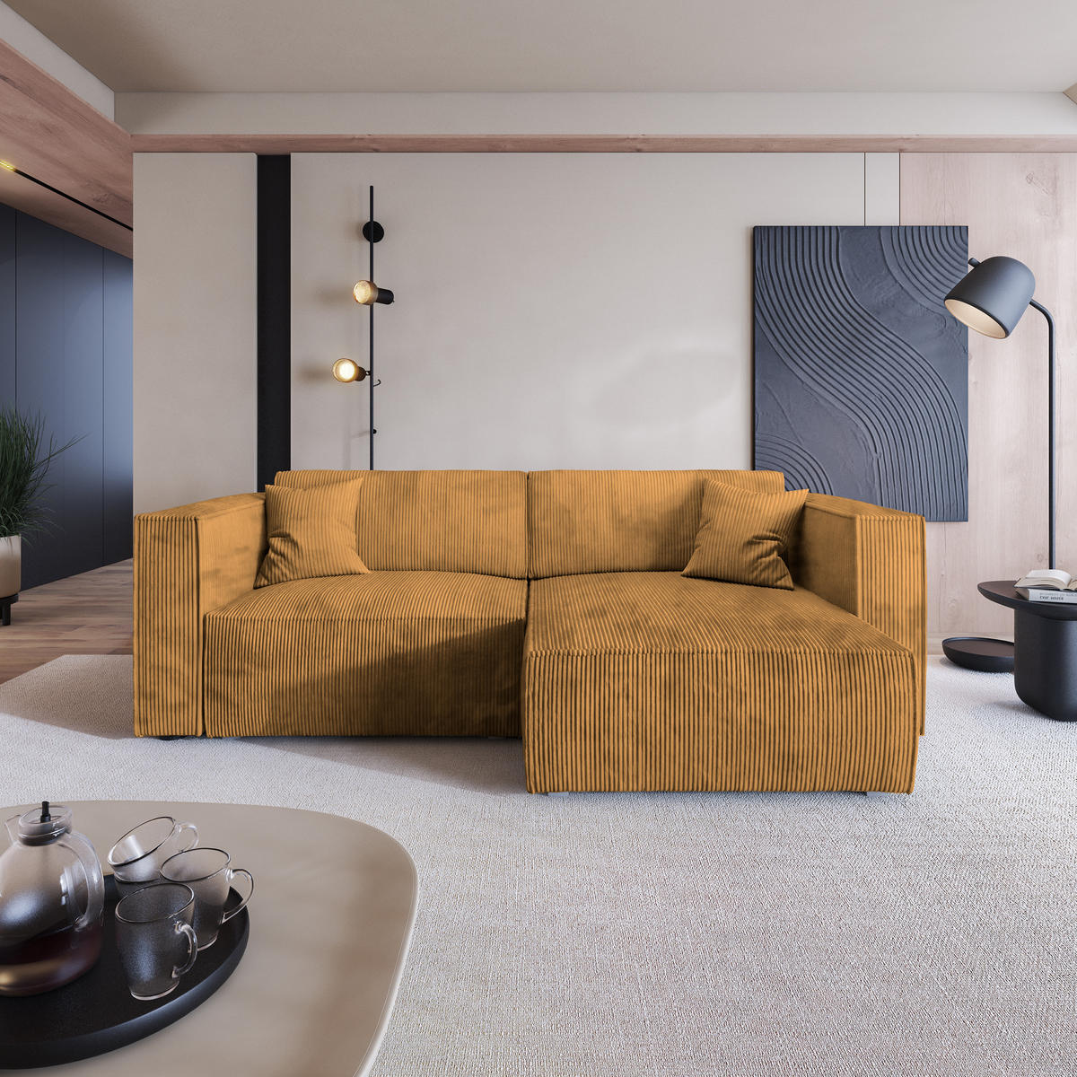 ECKSOFA NERIO P Gelb Kordstoff mit Schlaffunktion - Gelb, Holz (245/148cm) - MASSENO