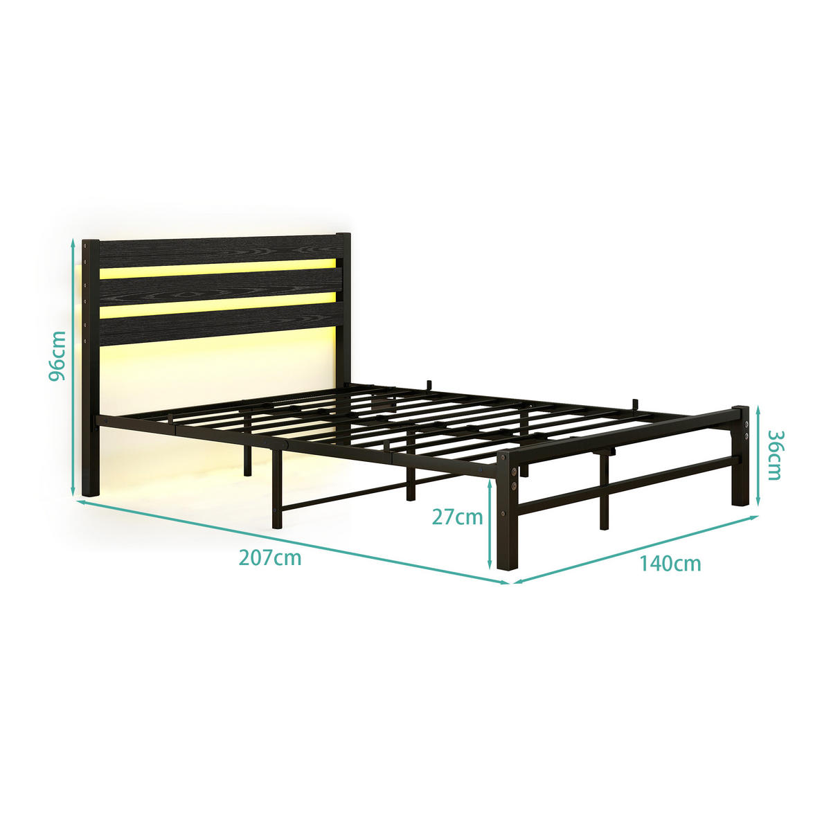 METALLBETT 140/200 cm Schwarz mit USB-Ladestation und LED-Bettrahmen - Schwarz, Metall (140/200cm) - Oxeza