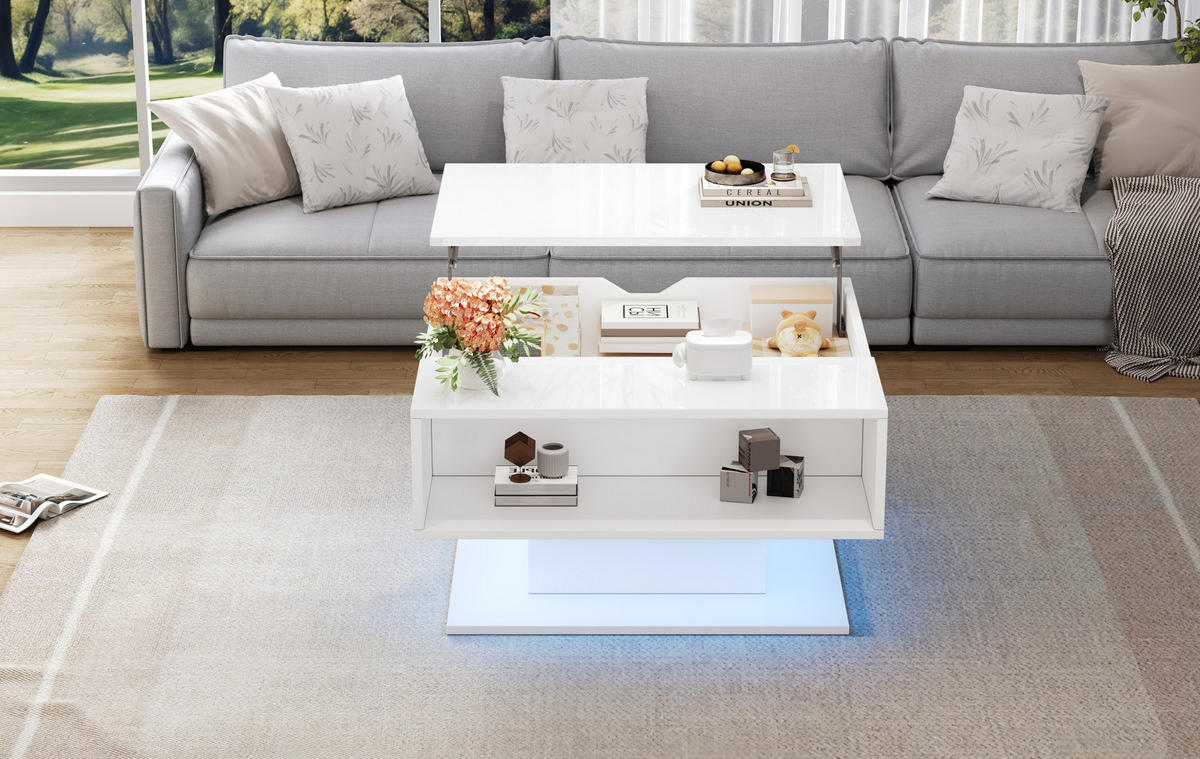 COUCHTISCH 80/75/40 cm mit höhenverstellbarer Tischplatte, LED-Beleuchtung und Stauraum, Weiß - Weiß, Holzwerkstoff (80/75/40cm) - Redom