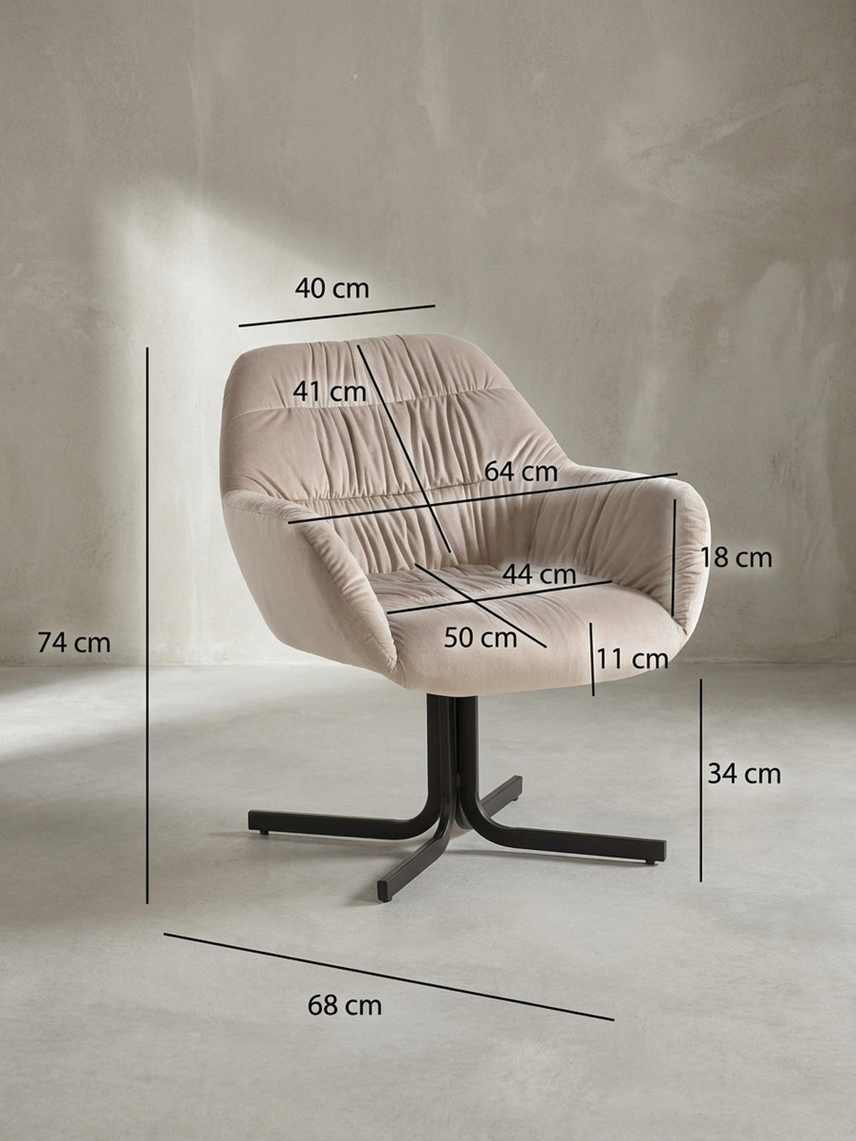 LOUNGESESSEL Samt mit Armlehnen und Metallgestell, gepolsterter Schalensitz, Beige 64x68x74 cm - Beige/Schwarz, Textil/Metall (64/74/68cm) - KADIMA DESIGN