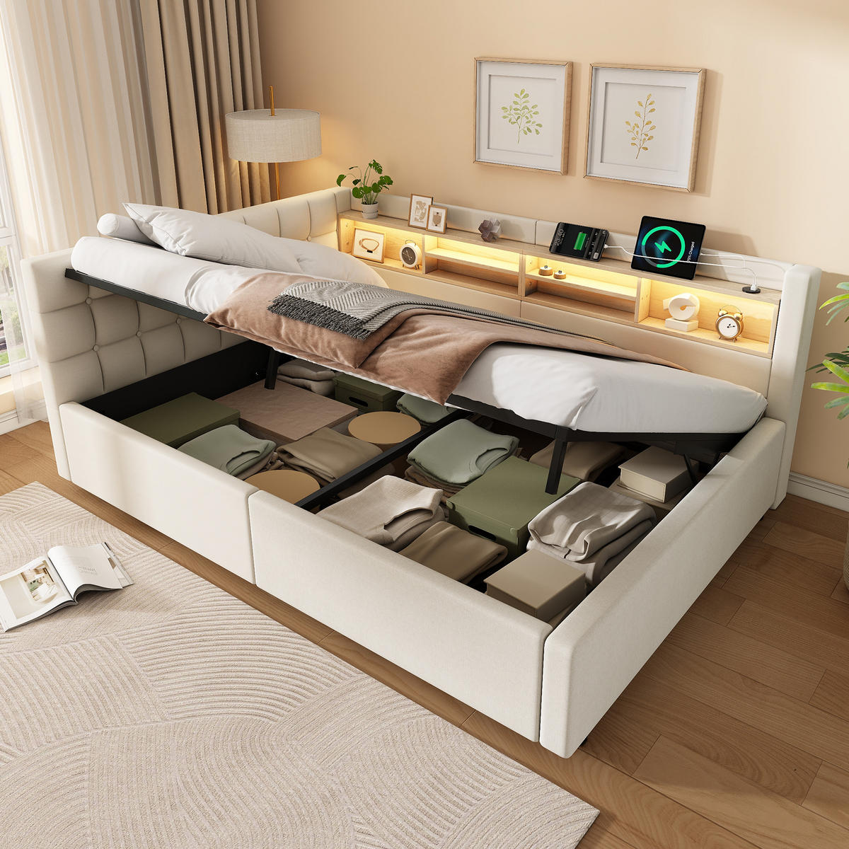 TAGESBETT 140x200cm Schlafsofa Hydraulik LED USB Beige - Beige, Naturmaterialien (140/200cm) - FLIEKS