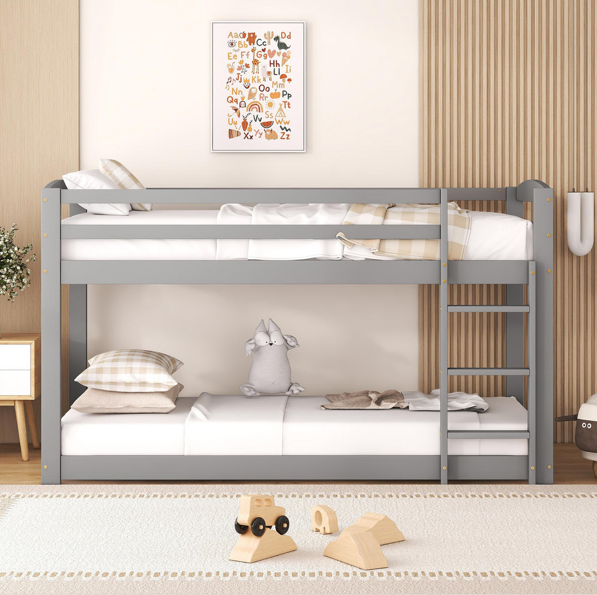 ETAGENBETT 90/200 cm Grau aus massiver Kiefer mit stabilem Geländer - Grau, Holz (90/200cm) - OKWISH