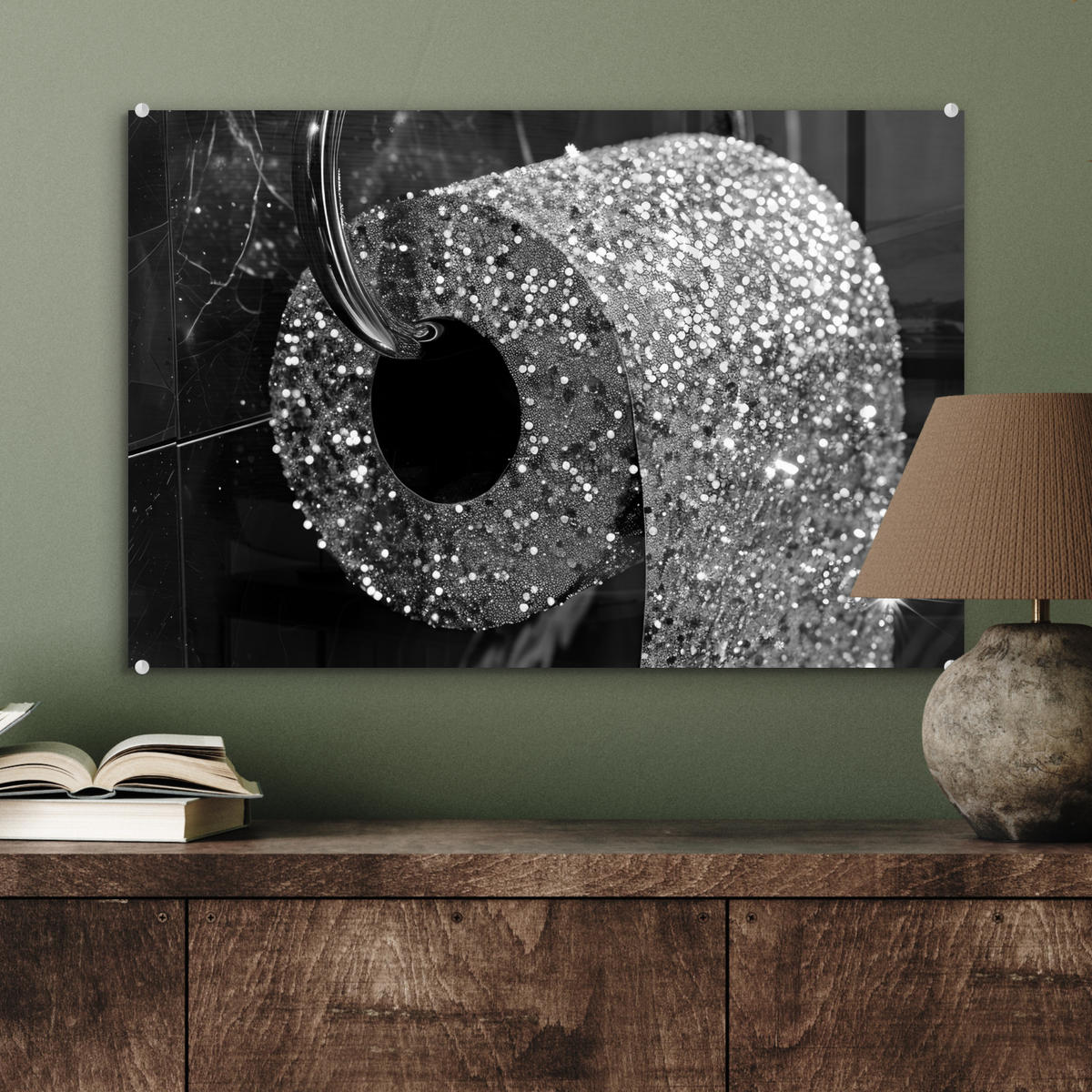ACRYLGLASBILD WC - Toilettenpapier - Schwarz und weiß - Glitter 60x40 cm - Silberfarben, Glas (60/40cm) - MuchoWow