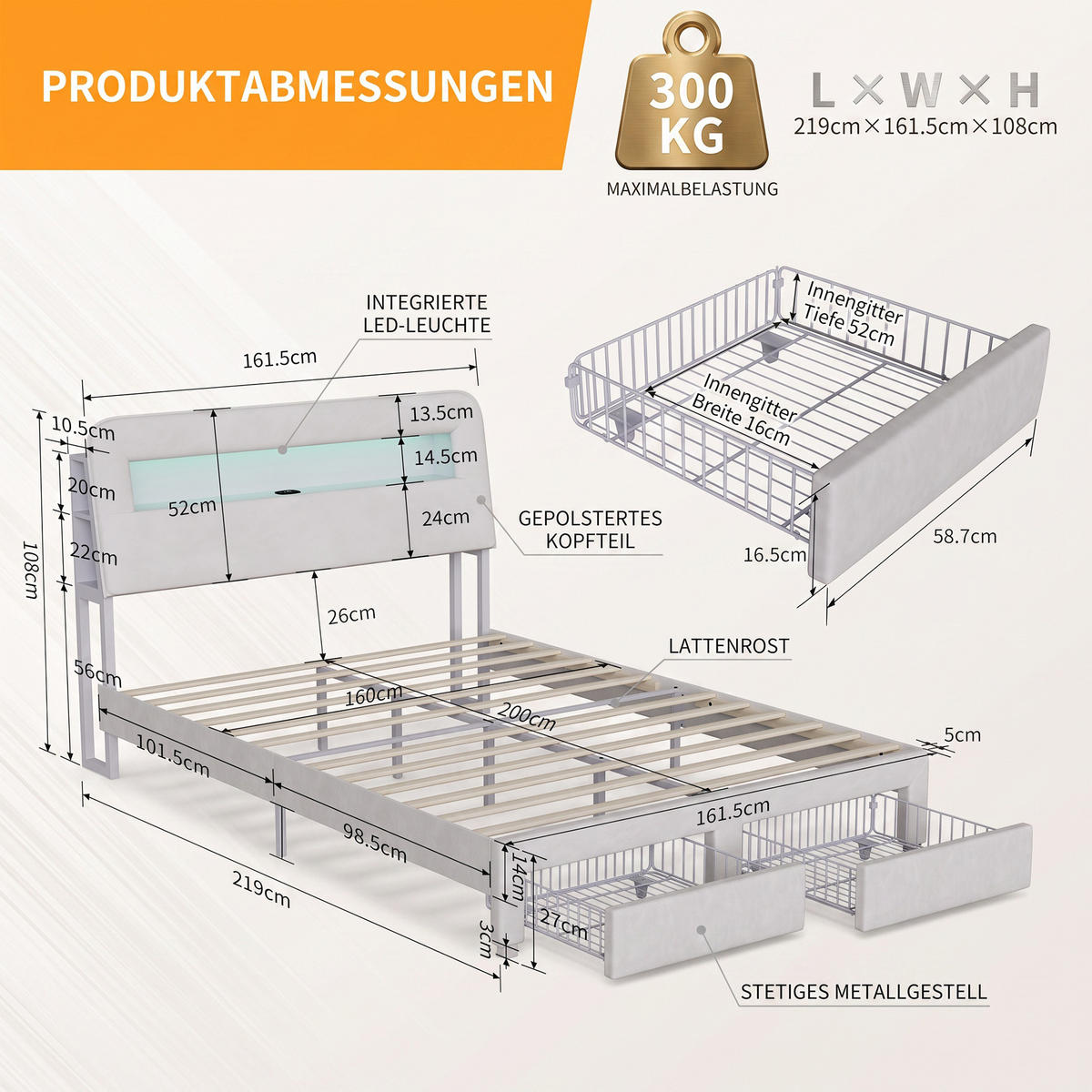 POLSTERBETT 160x200 cm, USB und LED, mit 2 Schubladen, Doppelbettrahmen 160x200 cm, Samt in Cremeweiß - Beige, Holzwerkstoff/Textil (160/200cm) - GENKI LIVING