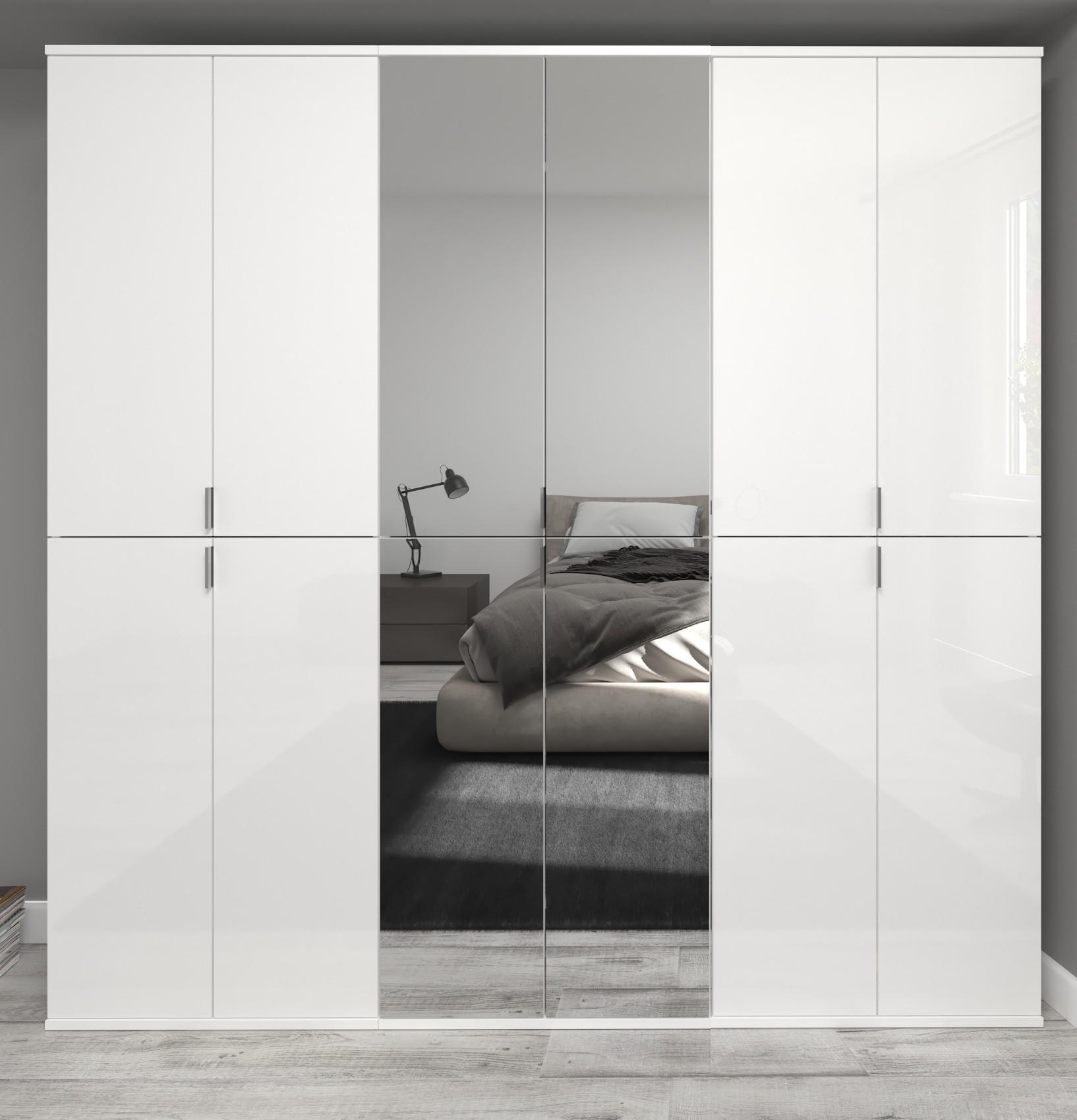 KLEIDERSCHRANK weiß Hochglanz 183 cm, Stauraumschrank mit 12 Türen und Spiegel - Chromfarben/Weiß Hochglanz, Glas/Holzwerkstoff (183/193/34cm) - Inn.Furn
