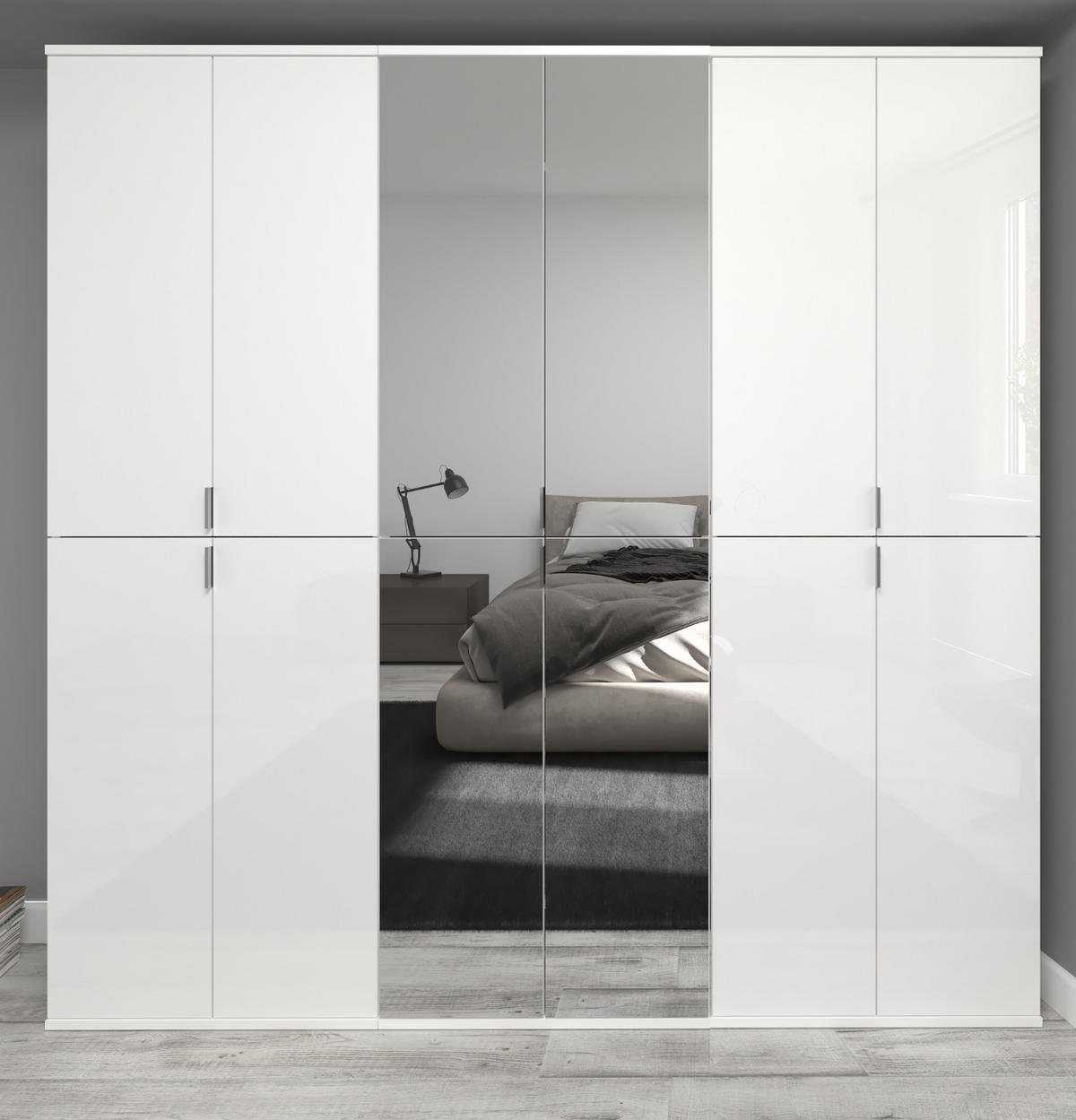 KLEIDERSCHRANK weiß Hochglanz 183 cm, Stauraumschrank mit 12 Türen und Spiegel - Chromfarben/Weiß Hochglanz, Glas/Holzwerkstoff (183/193/34cm) - Inn.Furn