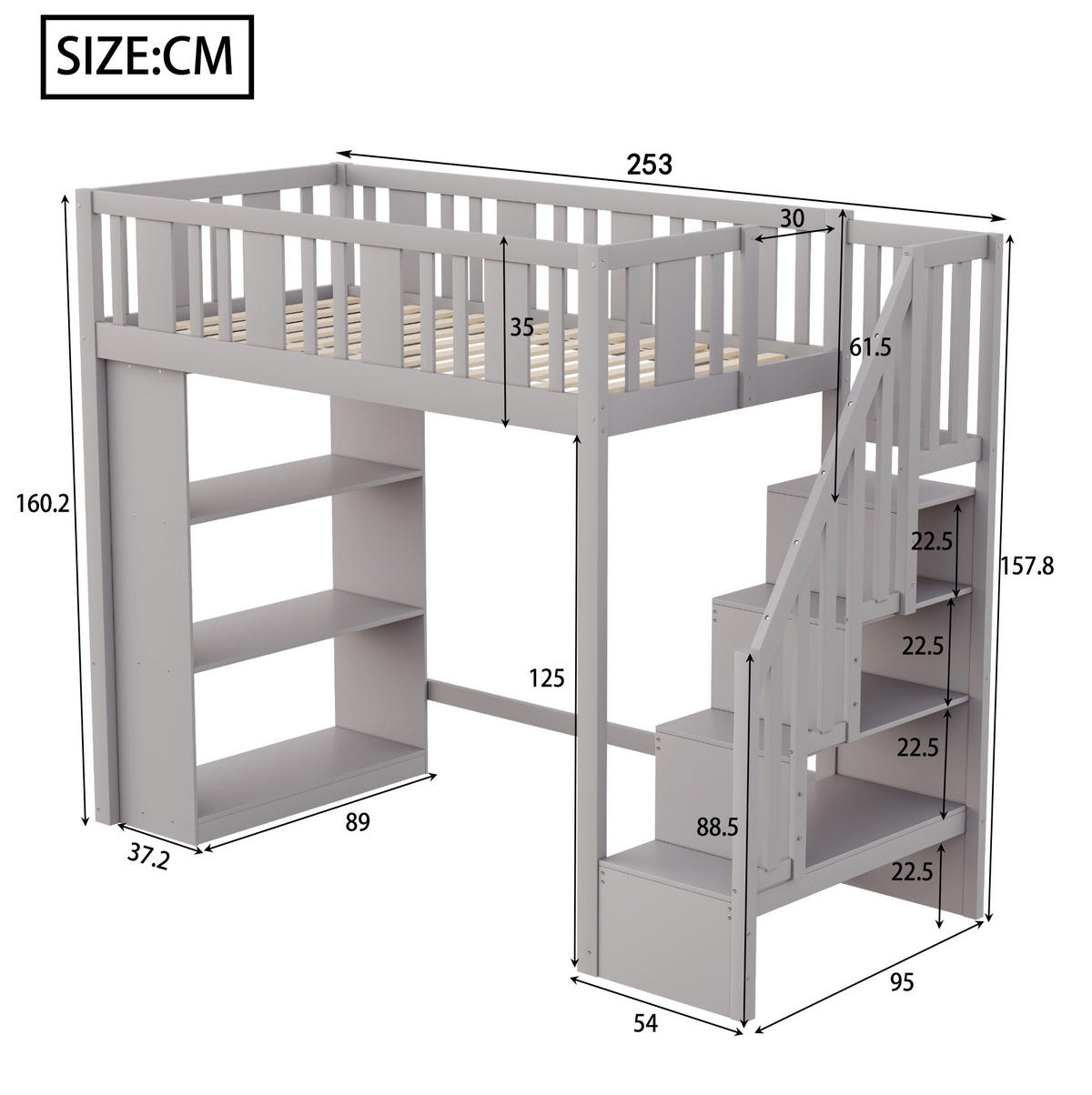 HOCHBETT 90/200 cm Grau aus Holz mit Stauraumtreppe - Grau, Holz (90/200cm) - OKMYHOME