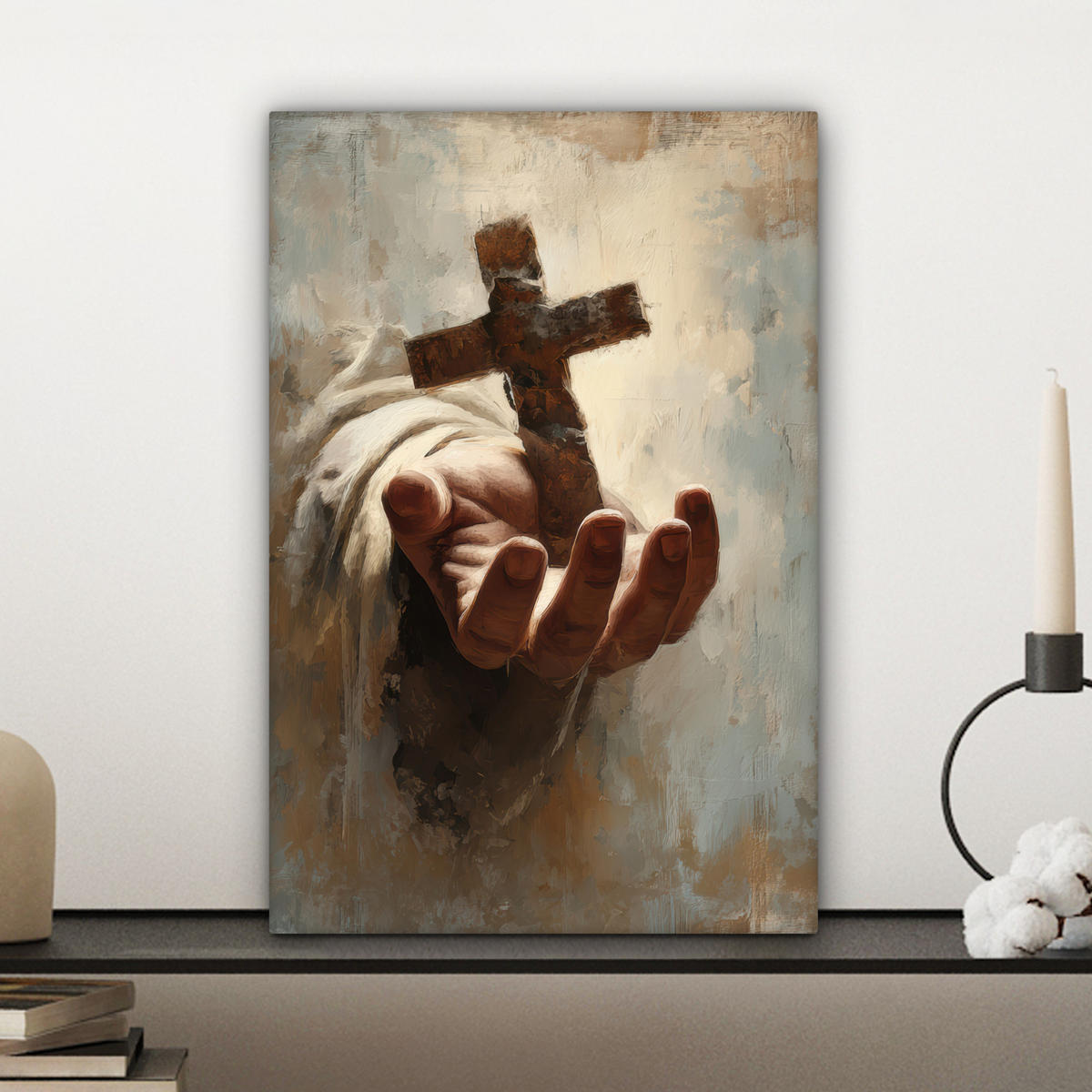 LEINWANDBILD Abstrakt - Kreuz - Hand - Christentum Deko Wohnzimmer 20x30 cm - Hellbraun, Textil (20/30cm) - MuchoWow