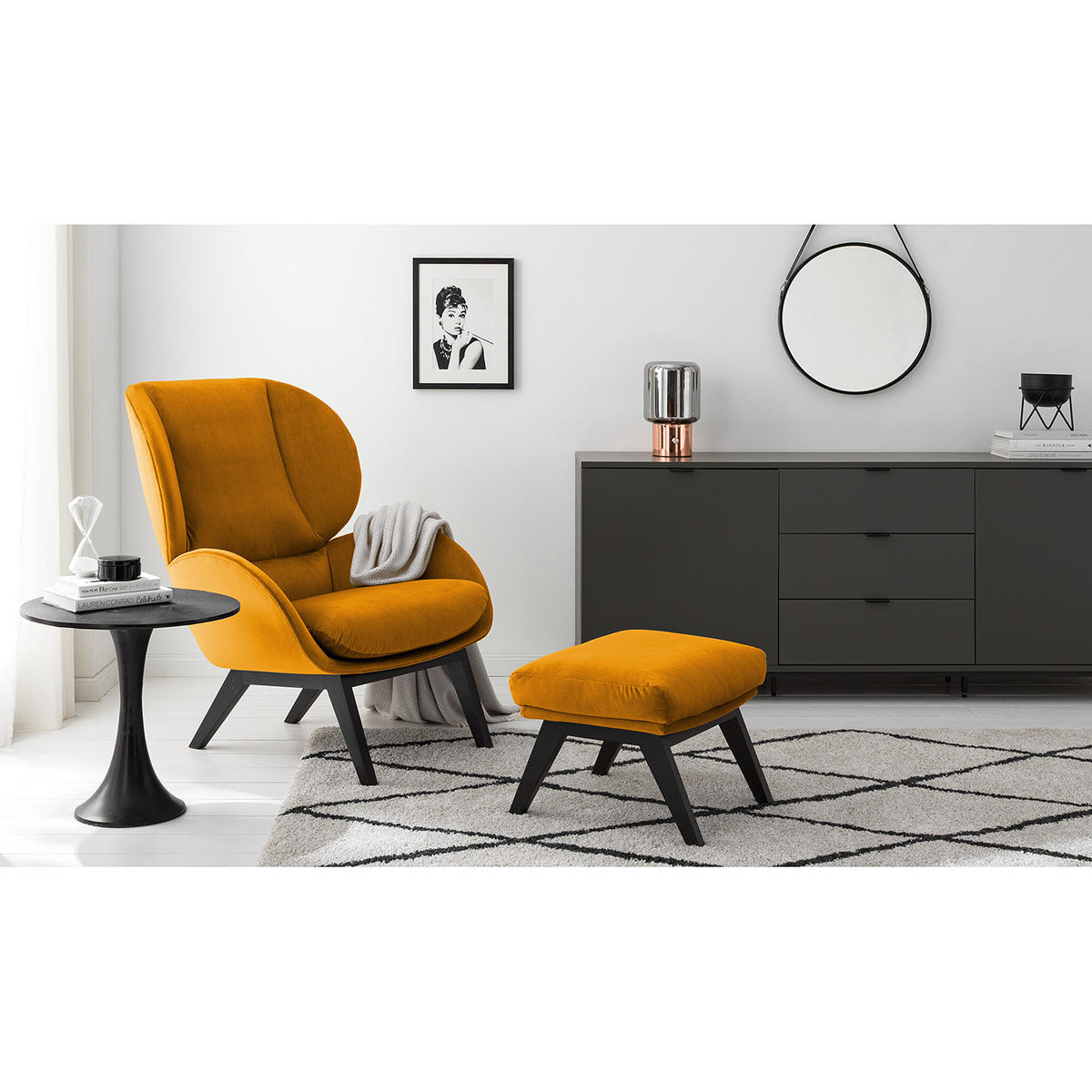 POLSTERHOCKER - Schwarz/Orange, Eichenholz/Textil (54/41/41cm) - home24