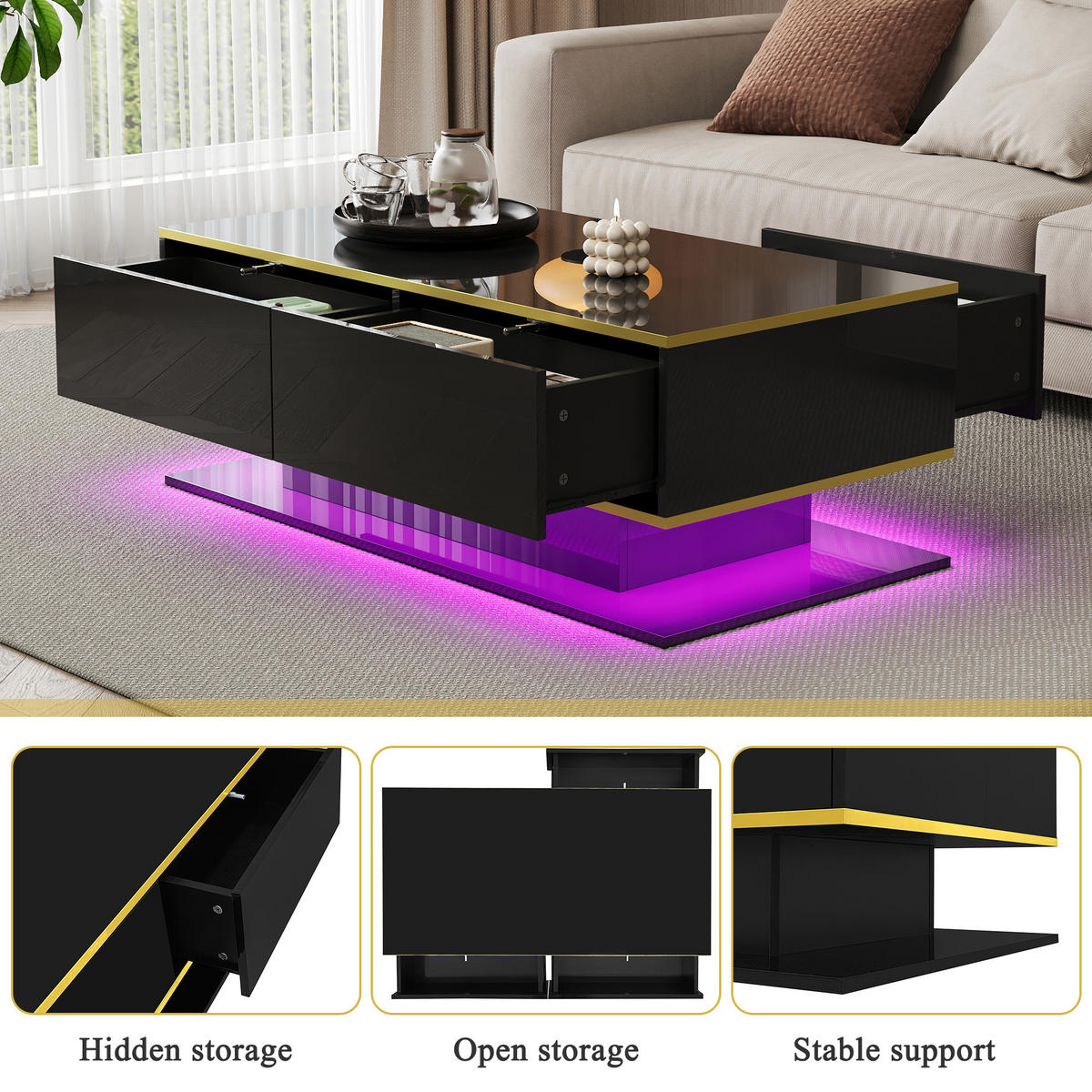 COUCHTISCH LED Hochglanz 100 cm 3 Schubladen Gold - Schwarz, Holzwerkstoff (50/100/40cm) - LEBENLANG