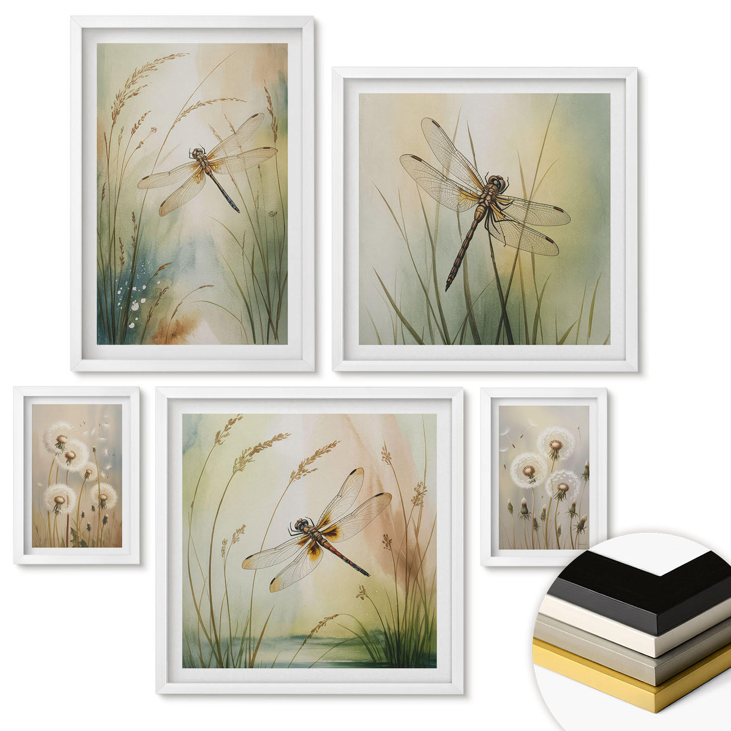 WANDBILDER 5er-Set - 50x50 cm & 20x30 cm & 40x60 cm Weißer Rahmen - Strandbretter, Surfboote, Vögel - Weiß, Kunststoff (40/60cm) - ArtPrintCave