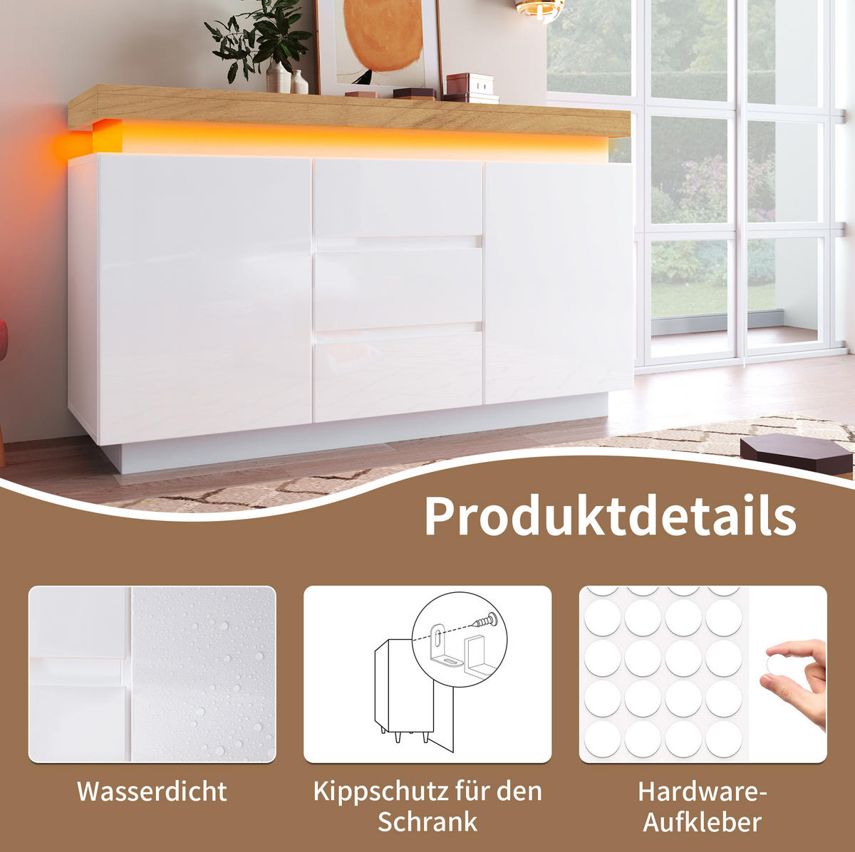 KOMMODE 140/39/81 cm in Weiß mit LED-Beleuchtung und 2 Türen - Weiß, Holzwerkstoff (140/81/39cm) - BEAOK