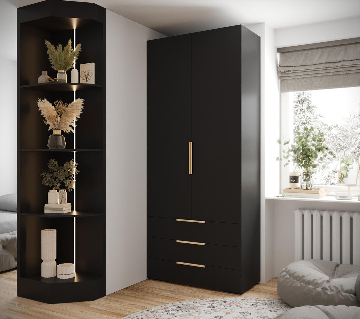 DREHTÜRENSCHRANK 236.7/100/47 2-türig - Goldfarben/Schwarz, Holz/Metall (100/236.7/47cm) - MÖBEL KRYSPOL