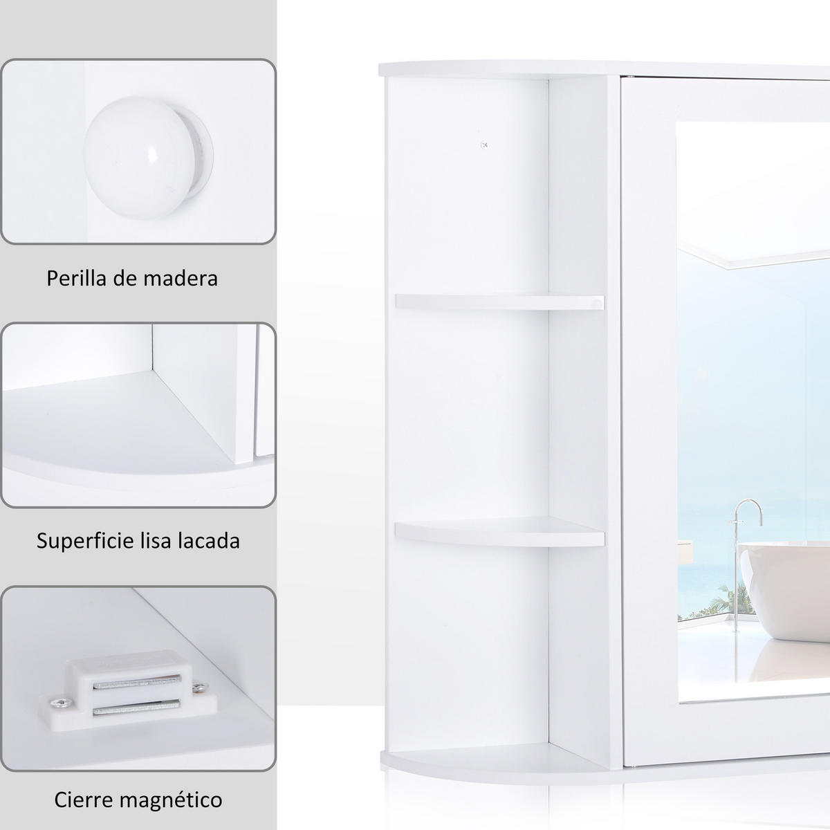 SPIEGELSCHRANK mit 1 Tür,2 Einlegeböden innen und 6 Seitenablagen,66x17x63cm (Weiß) - Weiß, Glas (66/63/17cm) - Vallsero