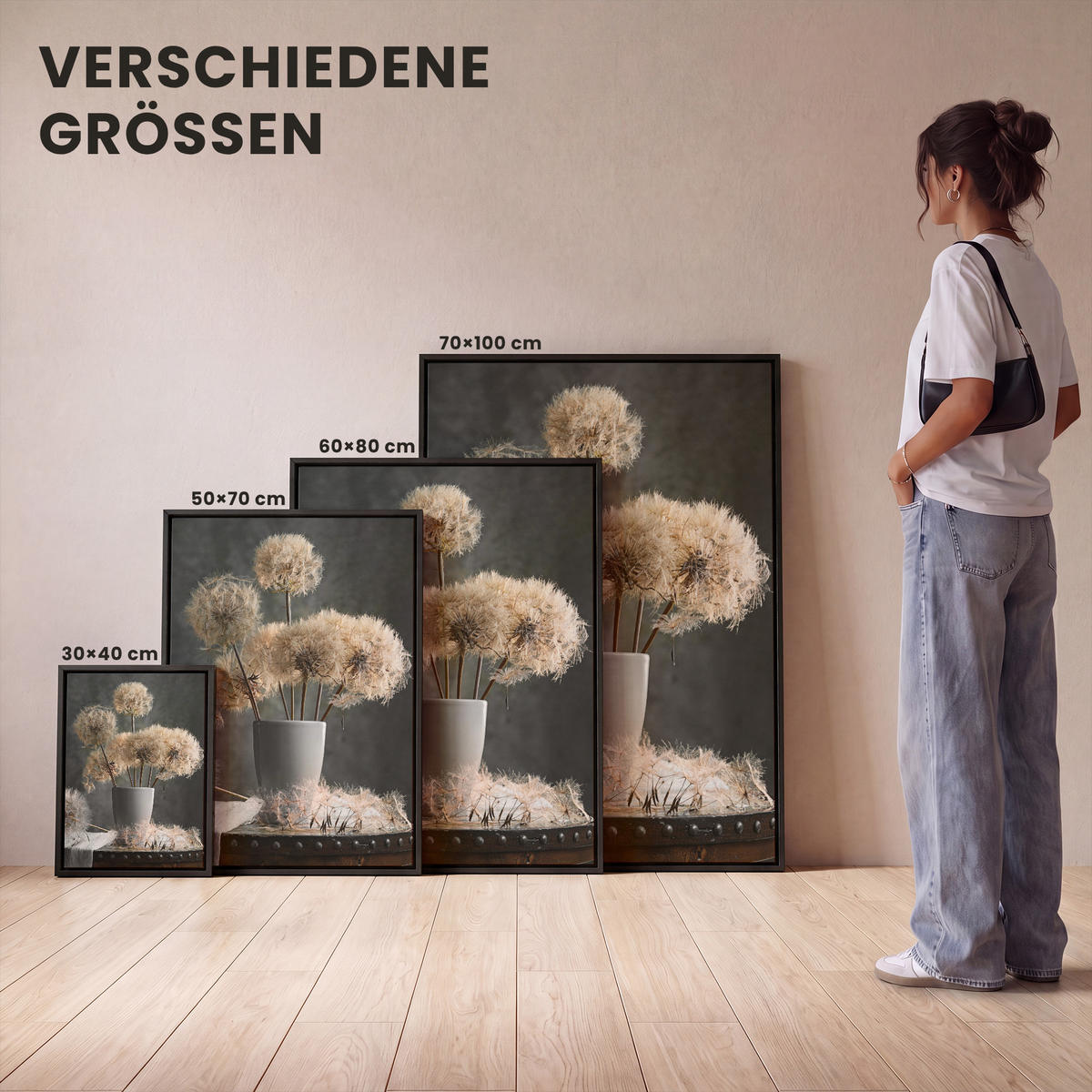 LEINWAND Bilder mit Rahmen - Blumensamen - Löwenzahn - Vase - Stilleben - Blumenstrauß - 50x70 - Dunkelgrau, Textil (50/70cm) - MuchoWow
