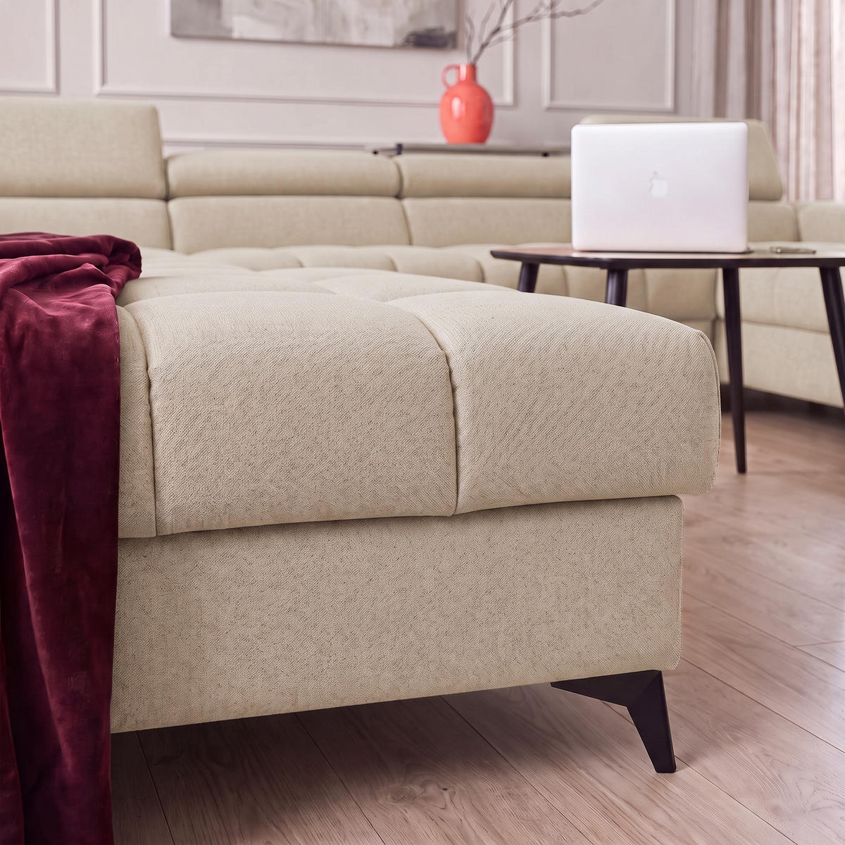 ECKSOFA PUDDING U Rechts mit Schlaffunktion 125x260 Velours Creme - Creme/Schwarz, Holz/Textil (350/203cm) - Muffo