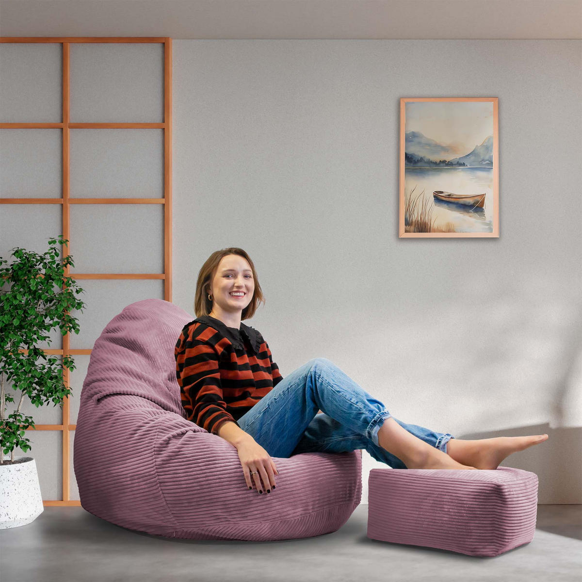 SITZSACK PARADISE MIT FUßSTÜTZE Kordsamt 2-tlg Plum Smoothie M - Violett, Textil (90/100/90cm) - Dreamroots