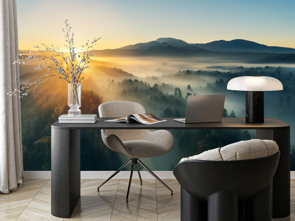 FOTOTAPETA Pre Obývaciu Izbu Východ Slnka Nad Hornatým Ihličnatým Lesom Zlato 500 x 350 cm - hnedá/žltá, papier (500/350cm) - Muralo