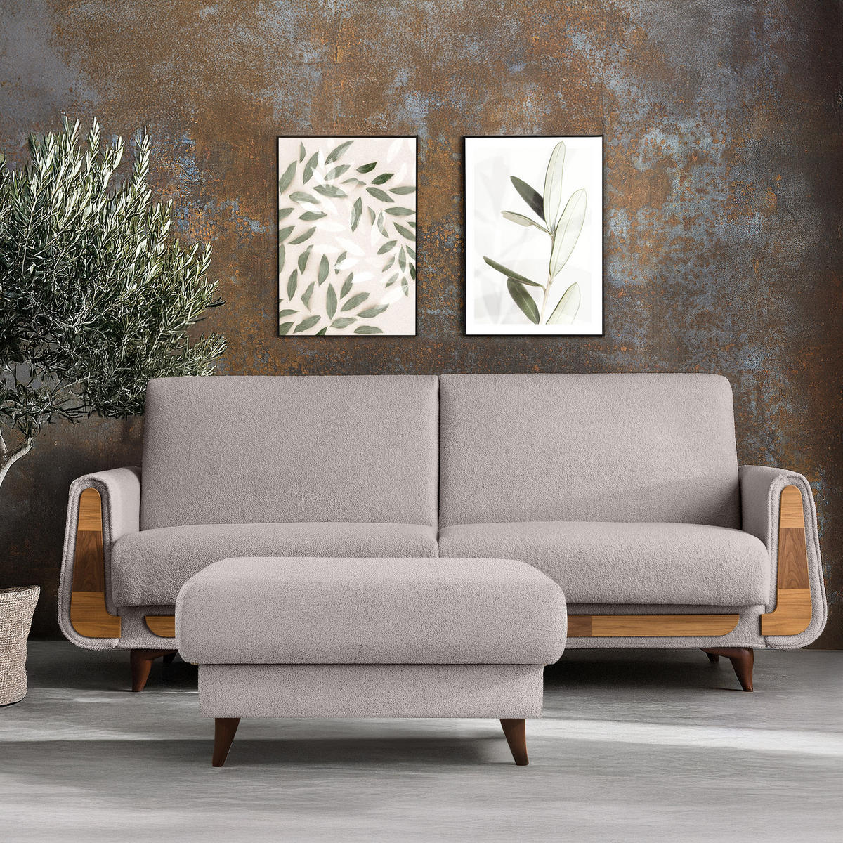 HOCKER GUSTAVO Bouclé, Grau - Grau, Holz/Holzwerkstoff (92/49/92cm) - KONSIMO®
