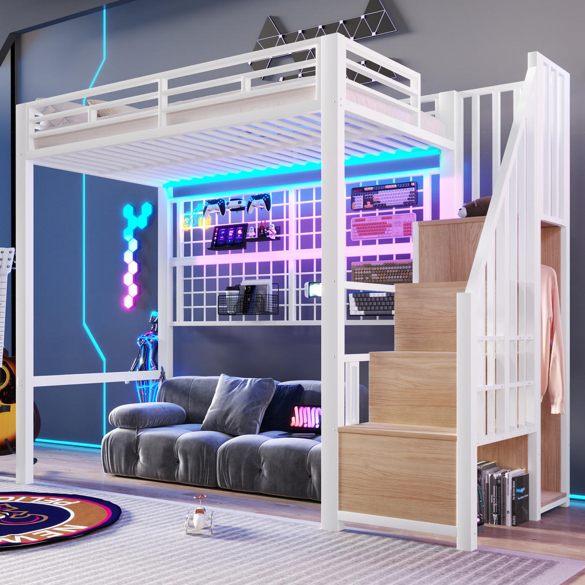 HOCHBETT 90/200 cm weiß aus Metall mit Stauraumleiter und LED - Weiß, Metall (90/200cm) - OKWISH