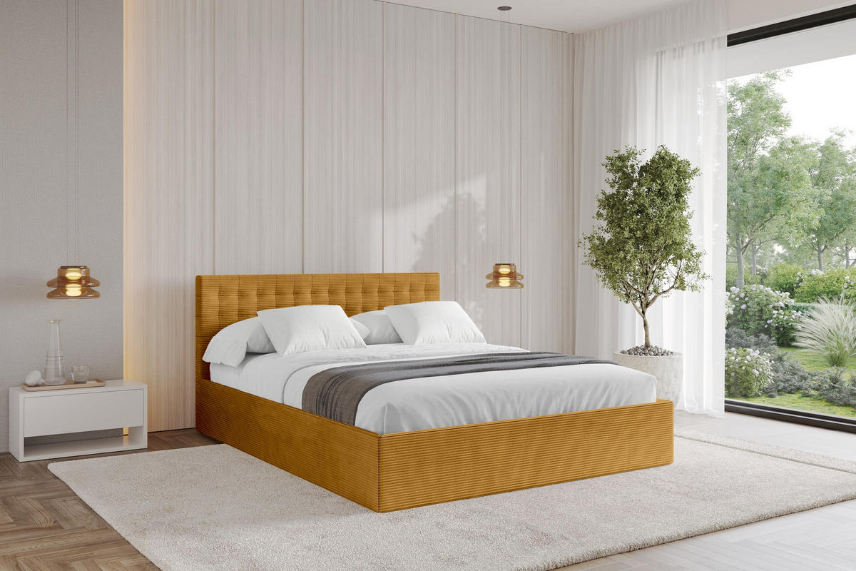 POLSTERBETT mit Bettkasten und Lattenrost, Boxbett ohne Matratze - PARI 180x200 Senfgelb - Currygelb, Holzwerkstoff/Textil (180/200cm) - ALTDECOR