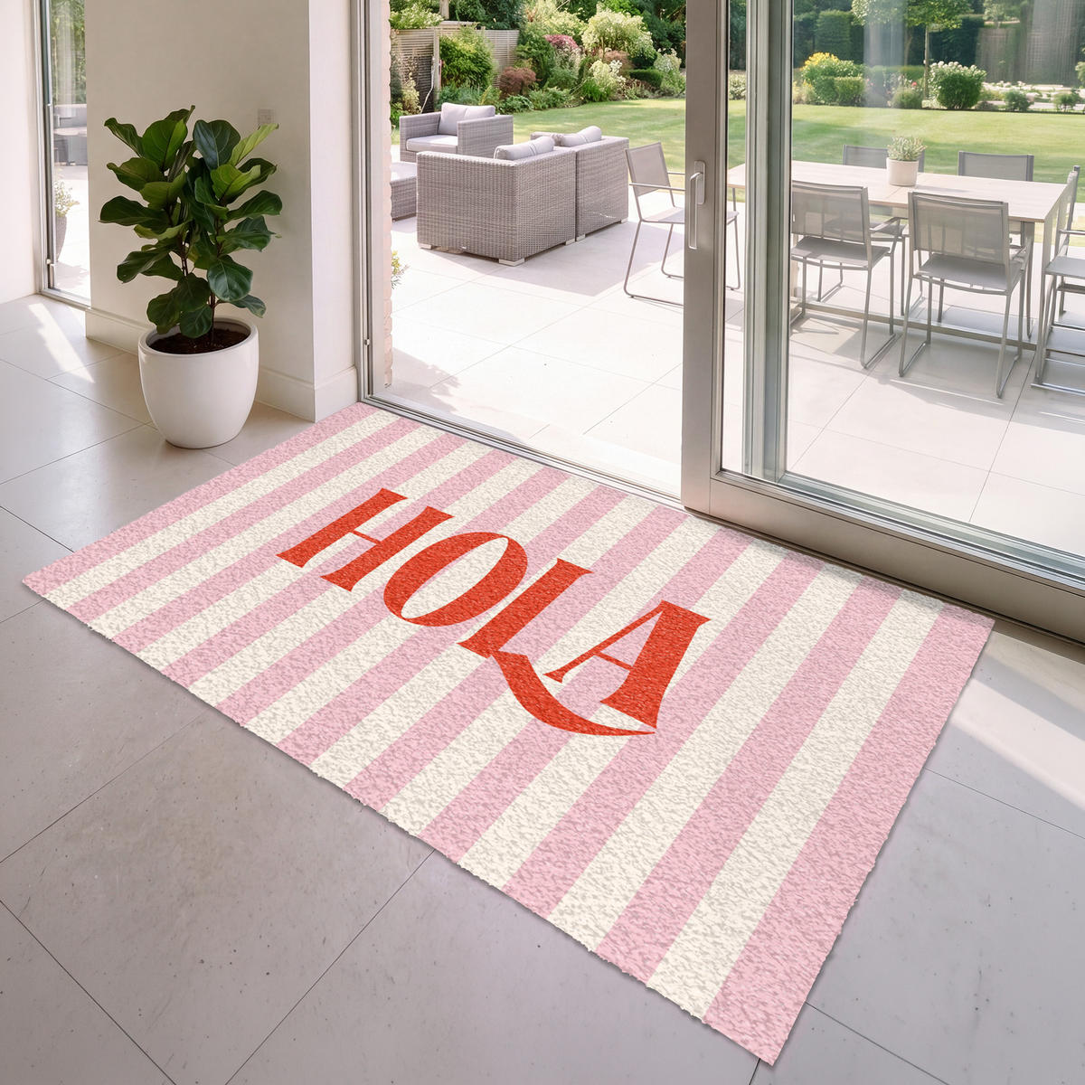 FUSSMATTE Hola - Zitat - Streifen - Pastell - Rosa - Rot - Weiß Schmutzfangmatte 180x120 cm - Rosa, Kunststoff (180/120cm) - MuchoWow