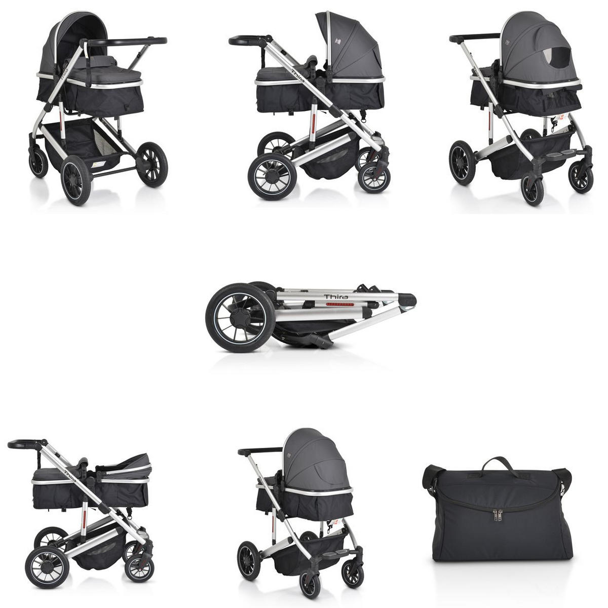 KINDERWAGEN 2 in 1 Thira grau Babywanne, umbaubar, Sportsitz, Fußabdeckung - Grau, Metall (96/61/107cm) - Moni