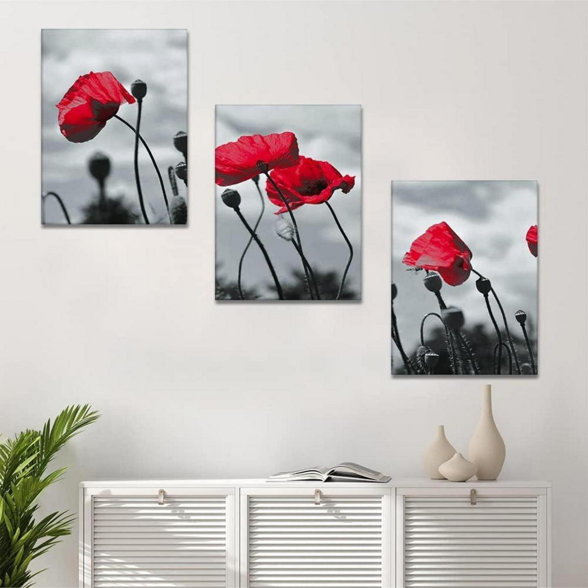 LEINWANDBILD 3-teiliges Set Rote Blume 30 x 40 cm - Rot, Textil (40/0.5cm)