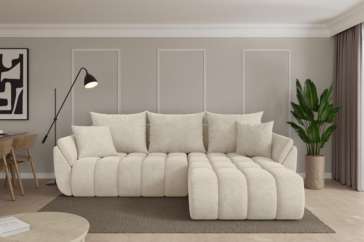 ROHOVÁ SEDAČKA s funkcí spaní, otoman vpravo TOKO-L-v1 277x194x86 krémová velur - černá/krémová, kompozitní dřevo/textil (277/194cm) - ALTDECOR
