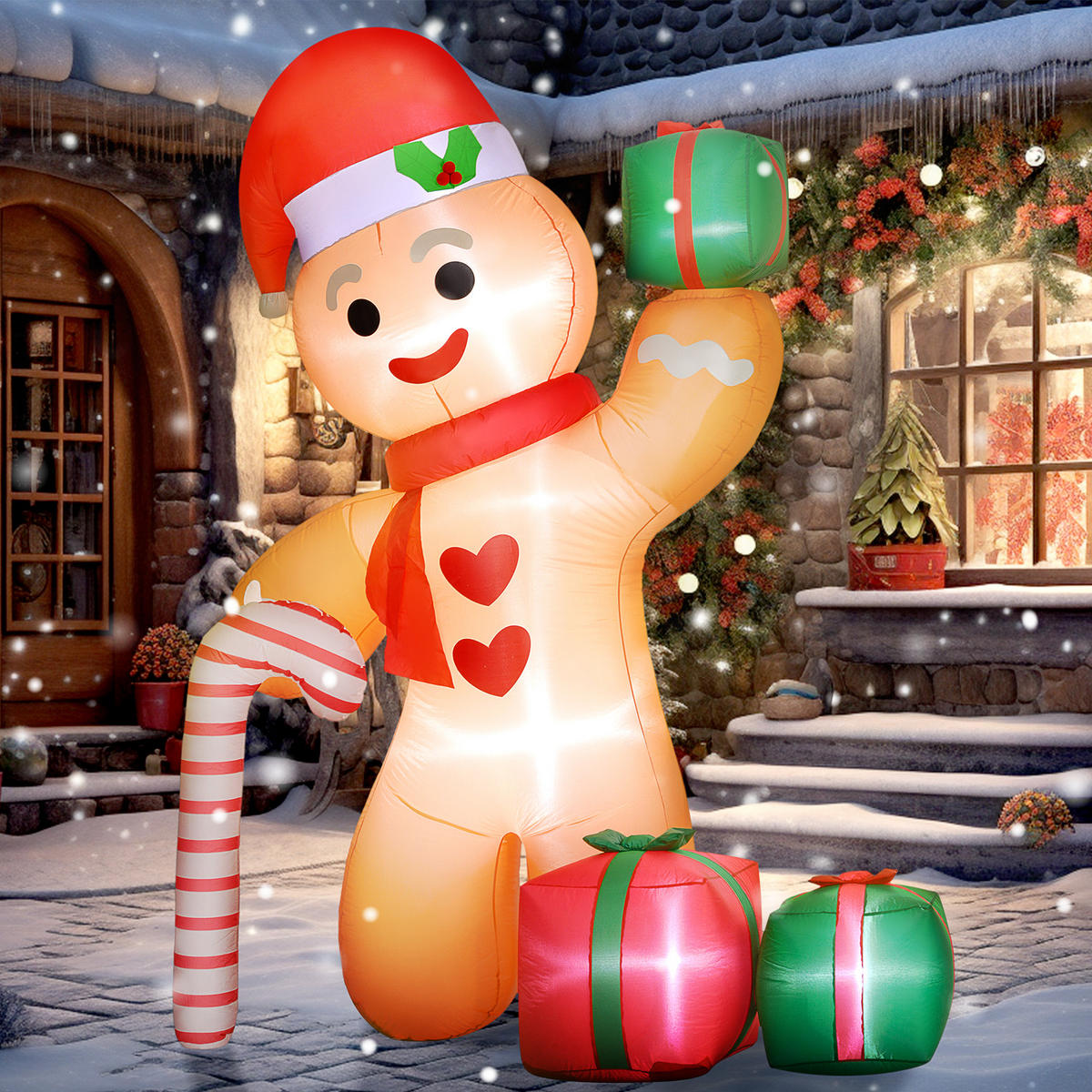 AUFBLASBARE Weihnachtsdeko 2,45 m Lebkuchenmann mit Zuckerstange, 6 LEDs - Orange, Kunststoff (100/245/170cm) - Outsunny