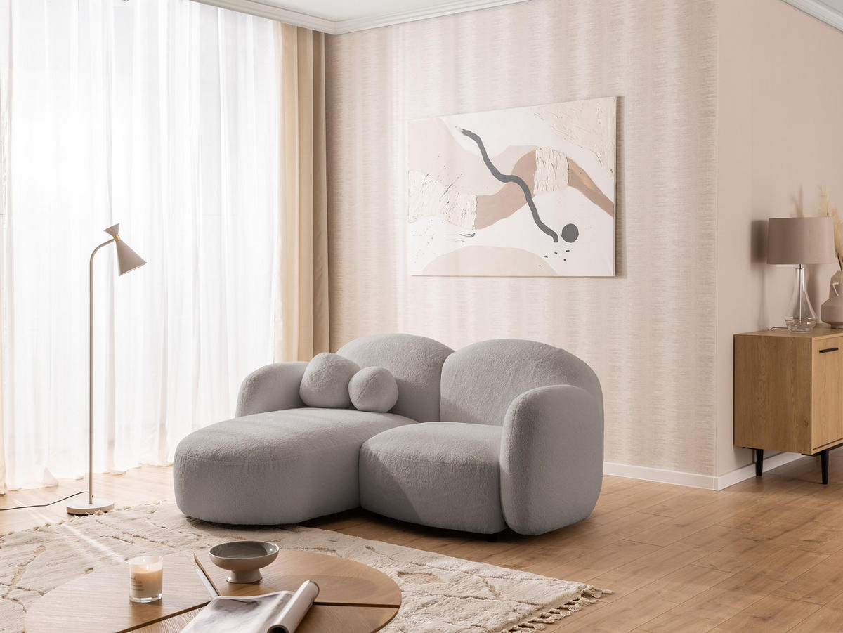 ECKSOFA Nuvola mit abgerundetem Design Hellgrau Bouclé-Stoff - Ottomane Links - Hellgrau/Schwarz, Holz/Kunststoff (190/146cm) - S-Style Möbel