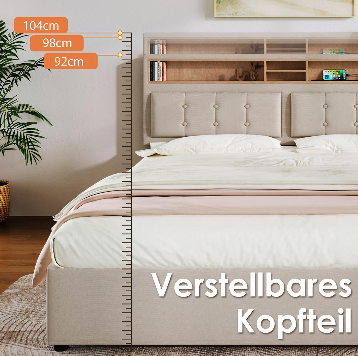 POLSTERBETT 160/200 cm Beige aus Leinen mit Stauraum und USB-C-Anschluss - Beige, Textil (160/200cm) - OKMYHOME