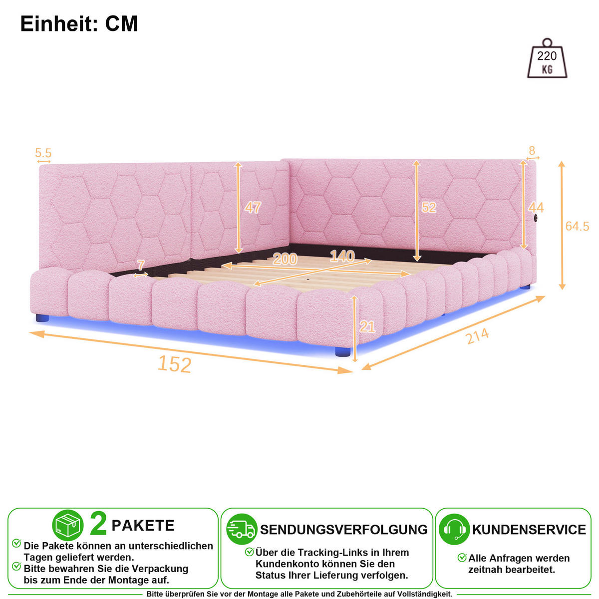 SCHLAFSOFA 140/200 cm in Rosa mit LED, USB und Type-C - Rosa, Holzwerkstoff/Textil (140/200cm) - CHICFURN