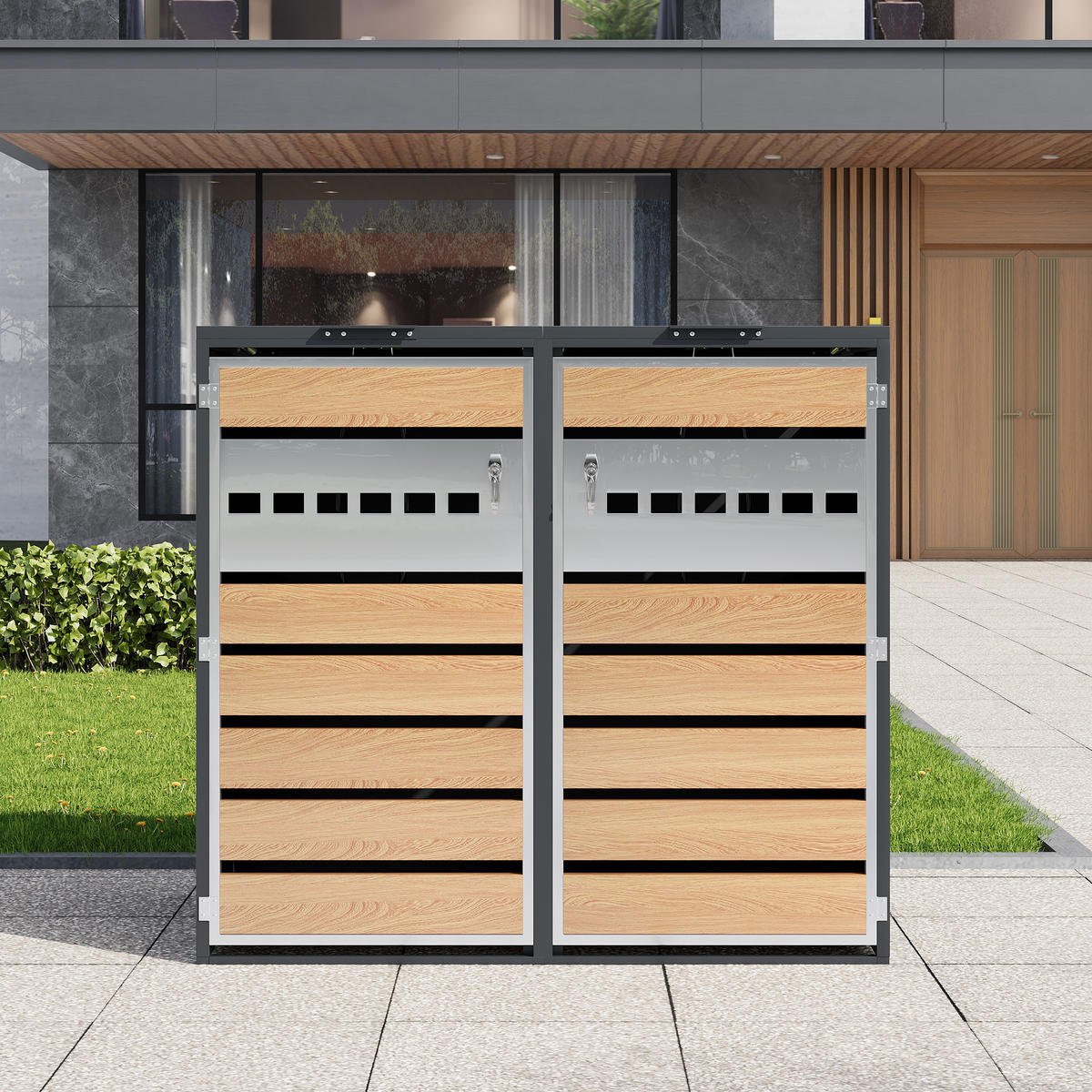 MÜLLTONNENBOX Klappdeckel 2 Türen - Grau, Metall (132/118.5/80cm) - LEBENLANG