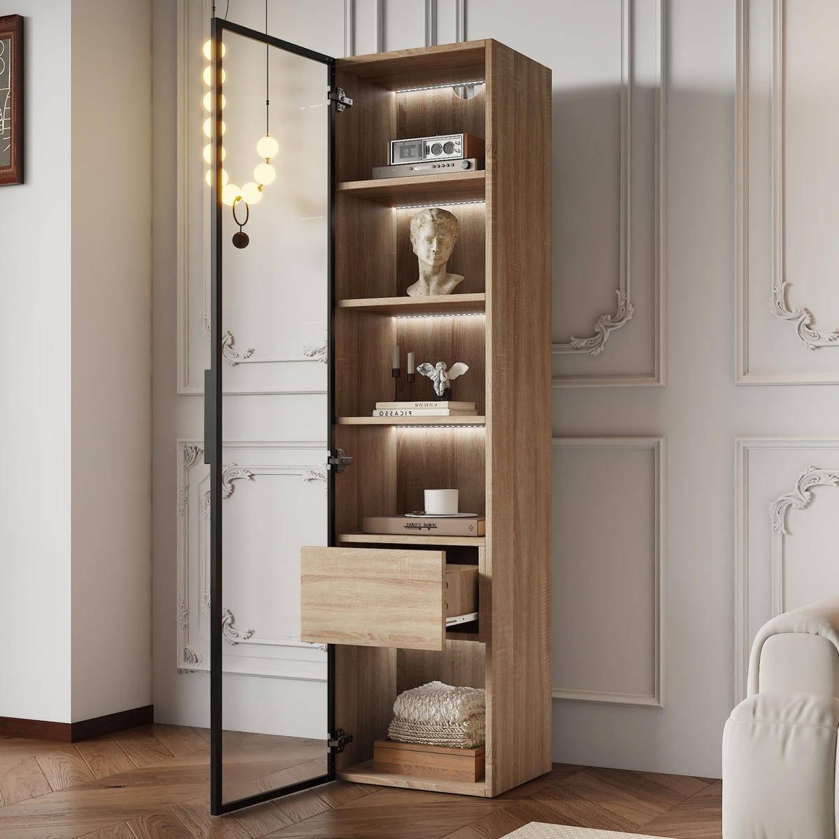 HOCHSCHRANK,BADEZIMMERSCHRANK mit LED Beleuchtung - Naturfarben, Holz (40/165/34cm) - PARAFTA HOME