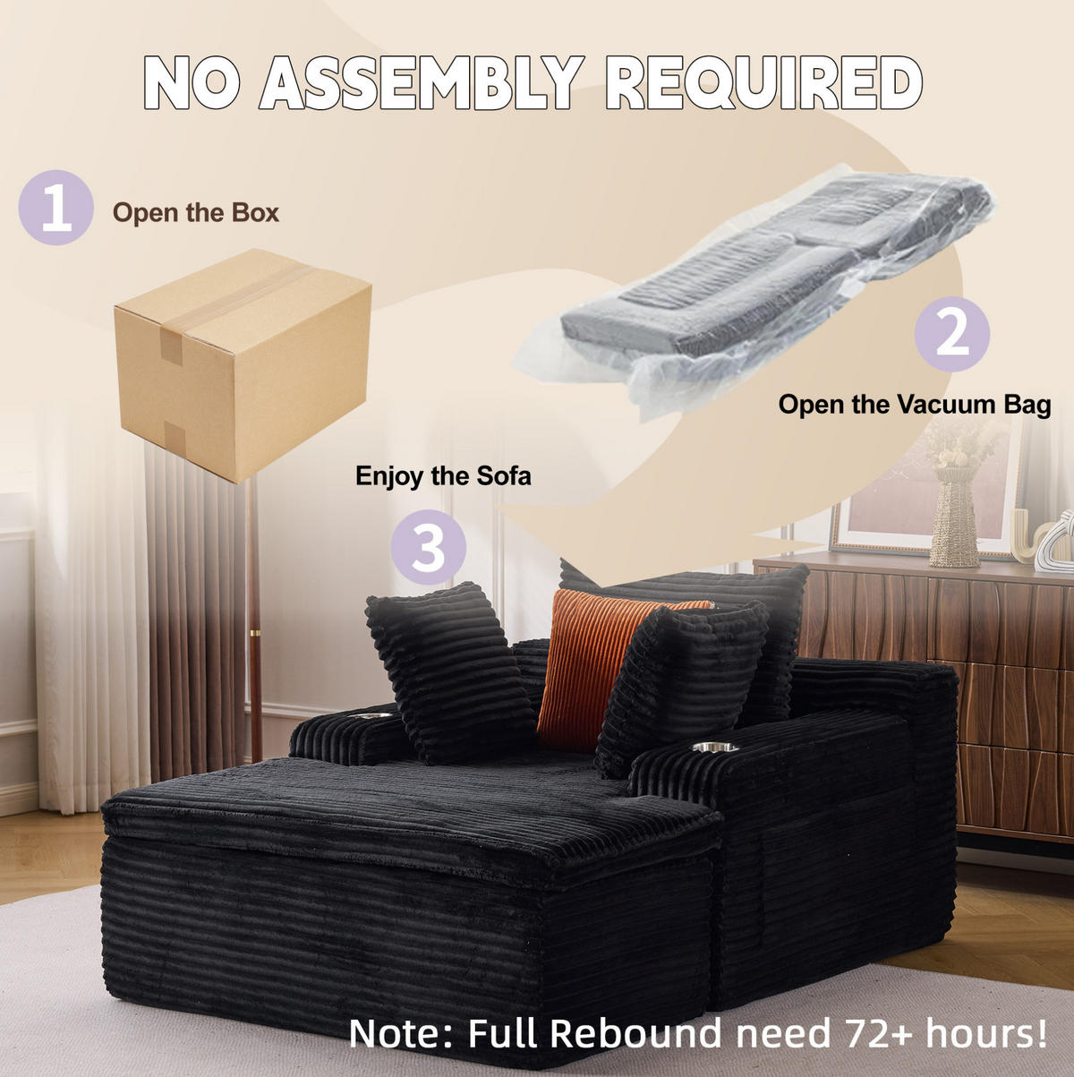 SCHLAFSOFA mit Chaiselongue, 3 Kissen, Cord, Schwarz - Schwarz, Kunststoff (112/63/165cm) - Meubliv